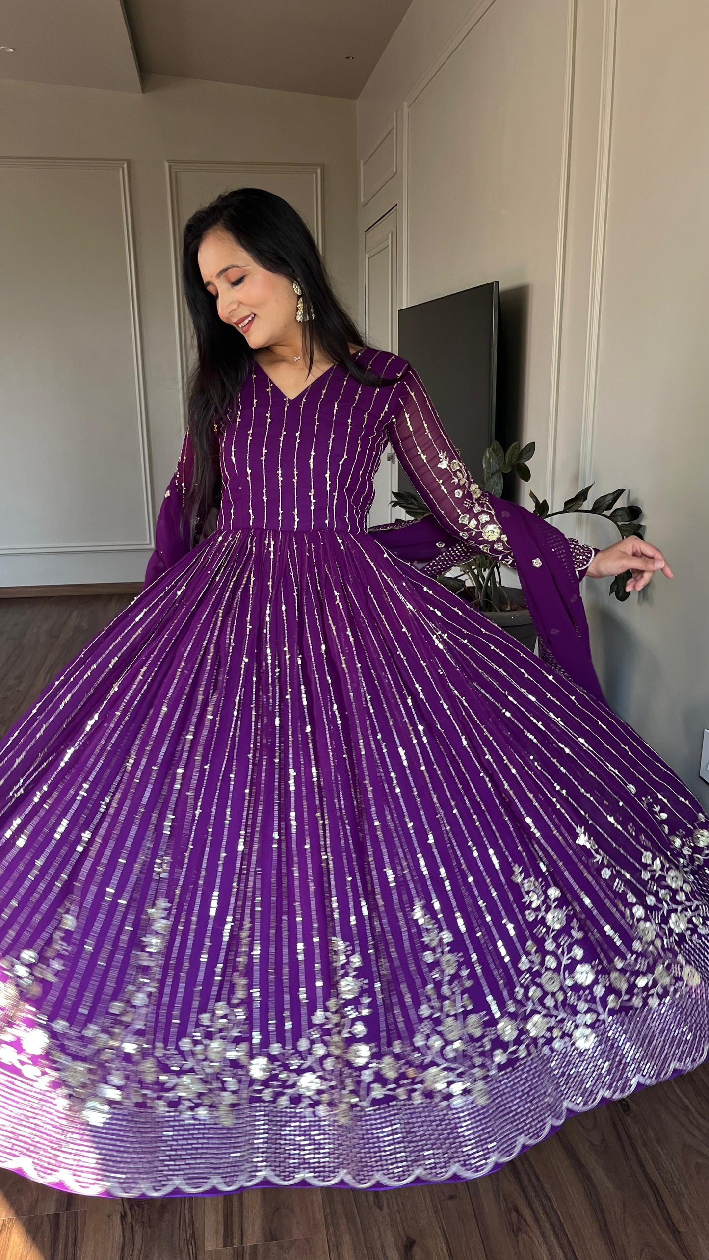 Anarkali Gown with Mirror Work and Floral Embroidery