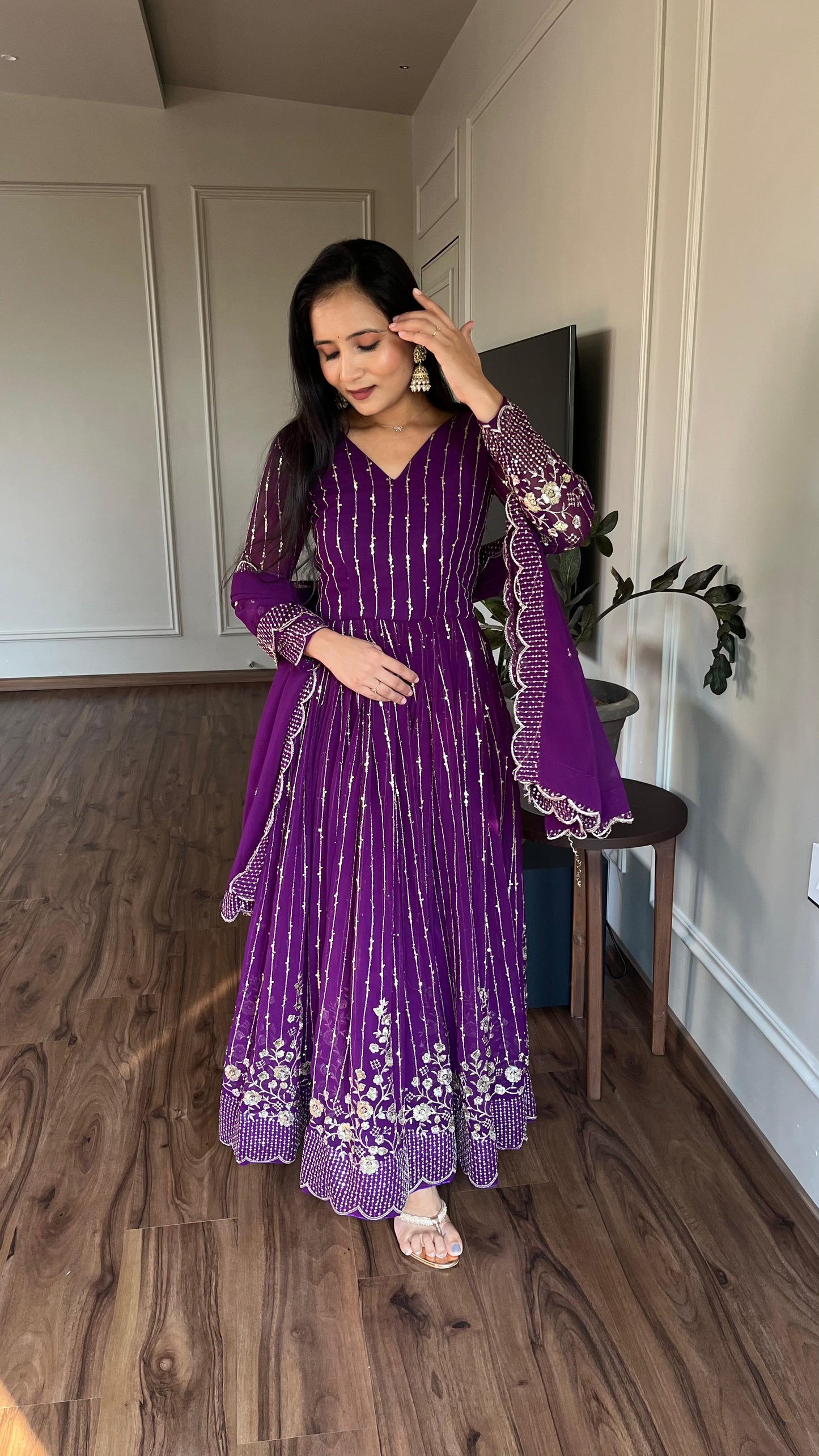 Anarkali Gown with Mirror Work and Floral Embroidery