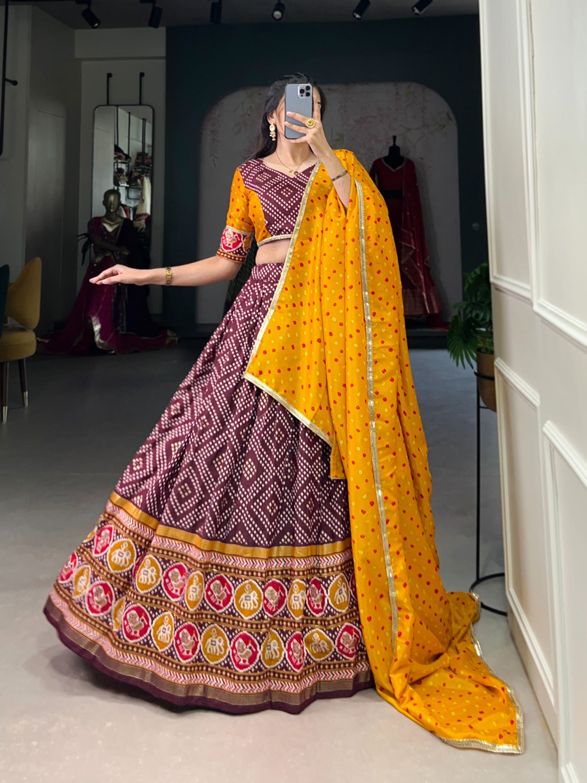 Bandhani Print Lehenga with Traditional Motif Border