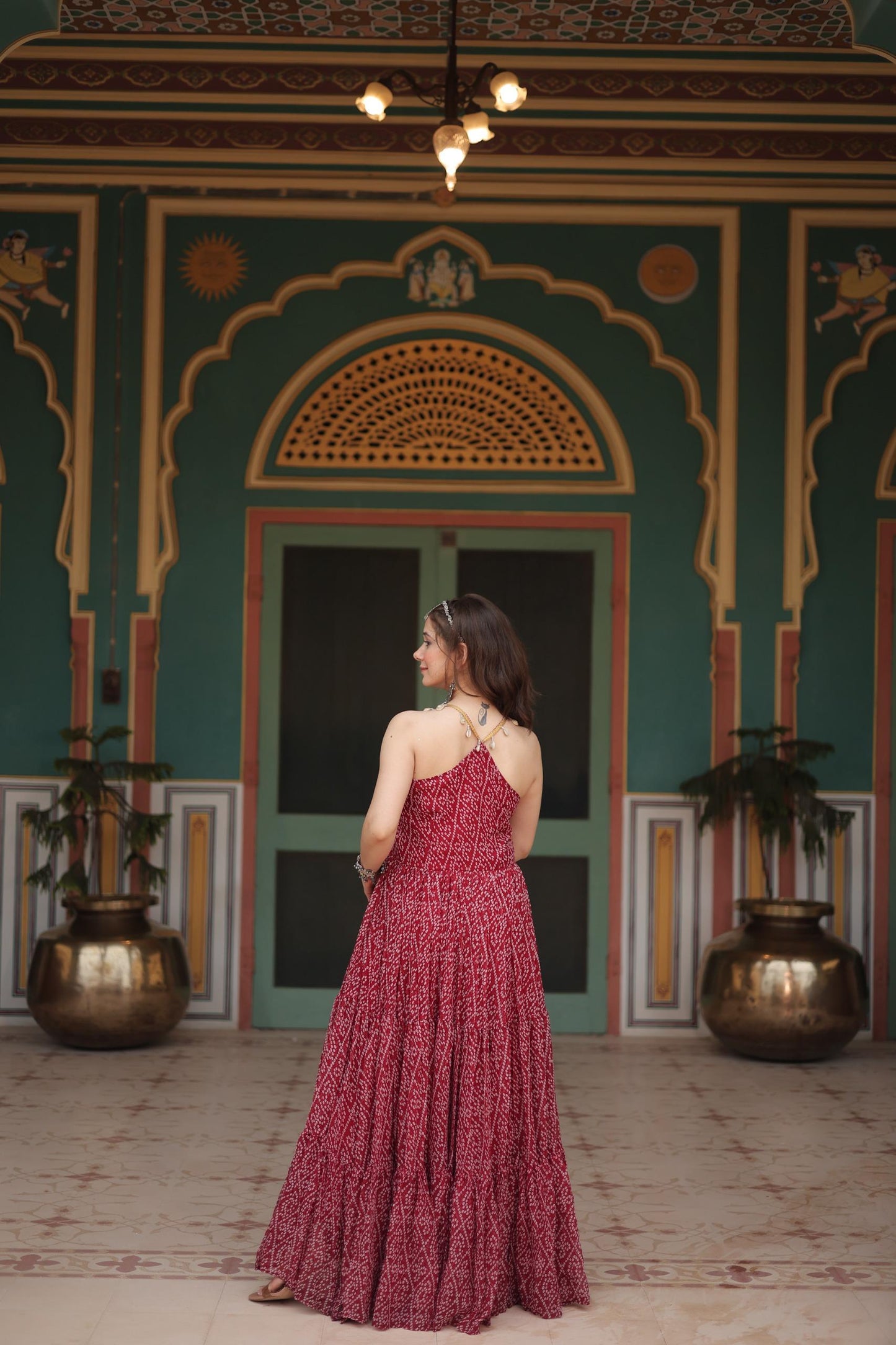Bandhani Print Navratri Gown with Kutchi Patchwork Design