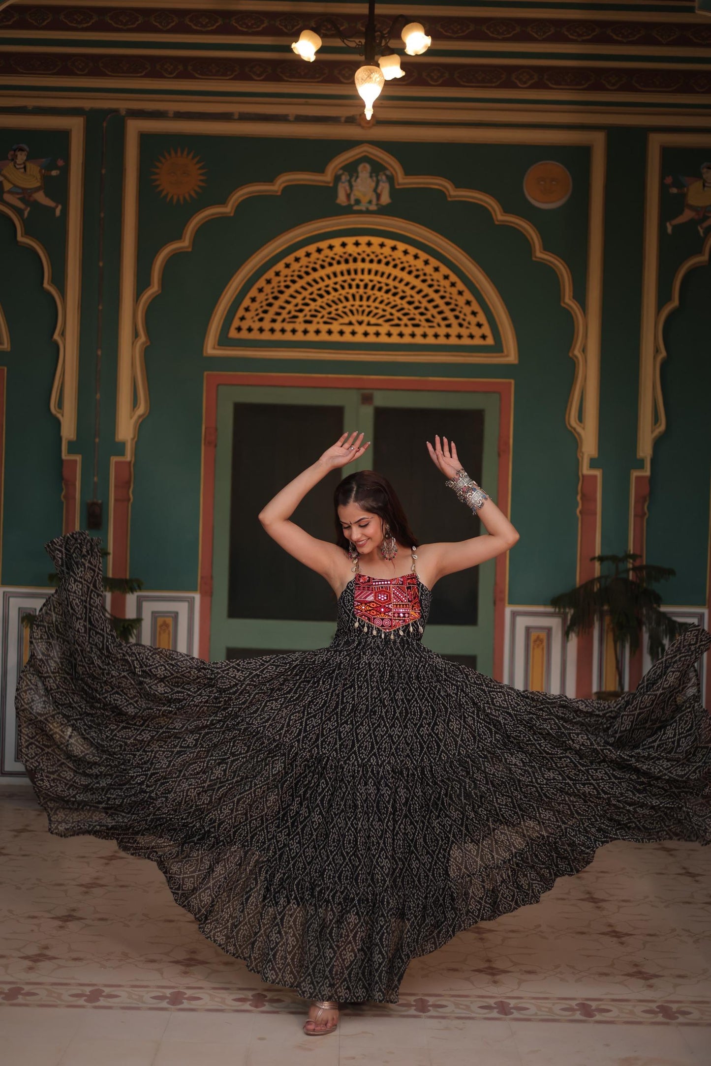Bandhani Print Navratri Gown with Kutchi Patchwork Design