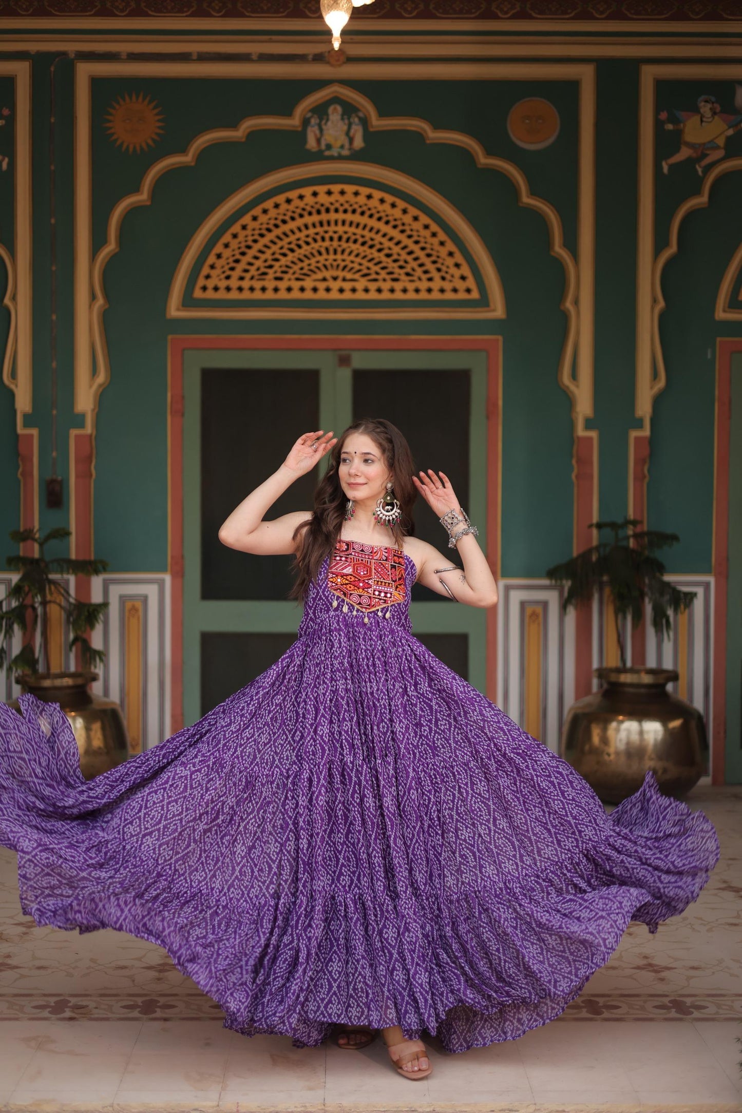 Bandhani Print Navratri Gown with Kutchi Patchwork Design