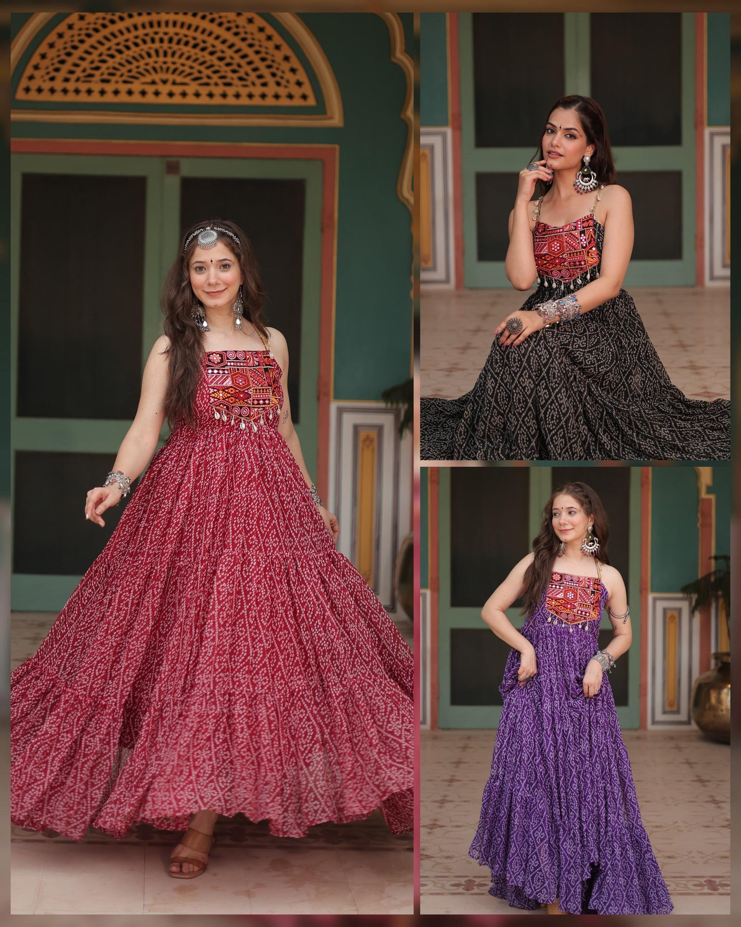 Bandhani Print Navratri Gown with Kutchi Patchwork Design