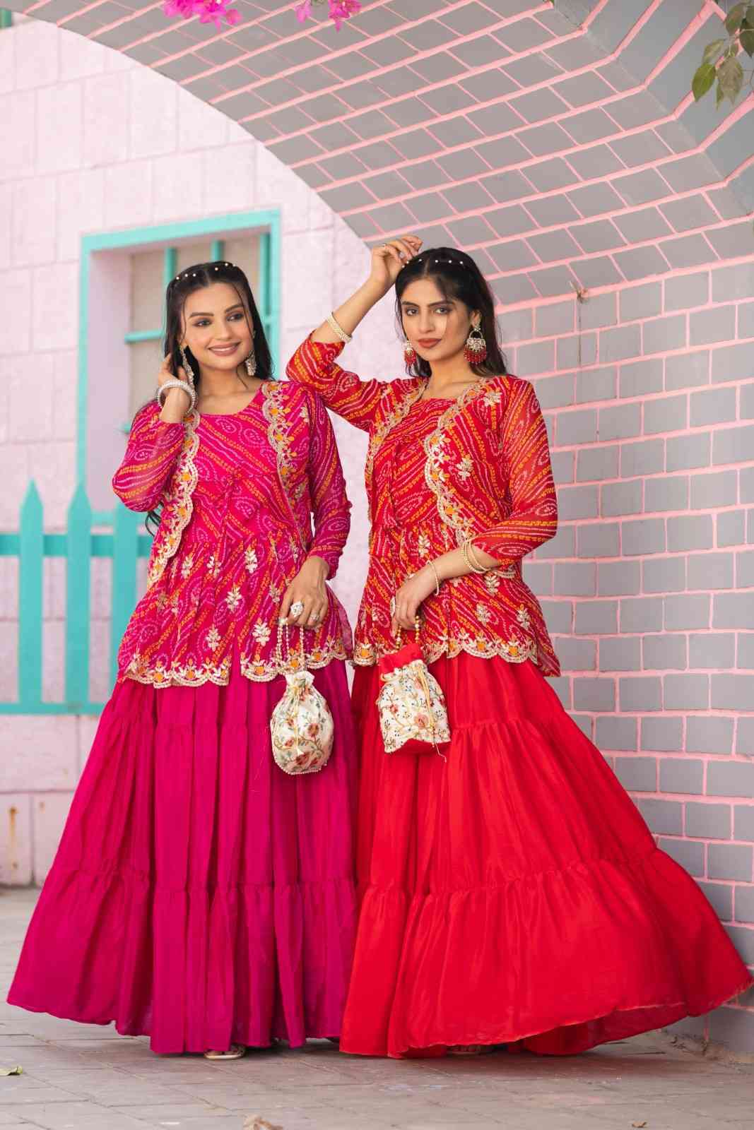 Bandhej Lehenga Crop Top with Embroidered Jacket