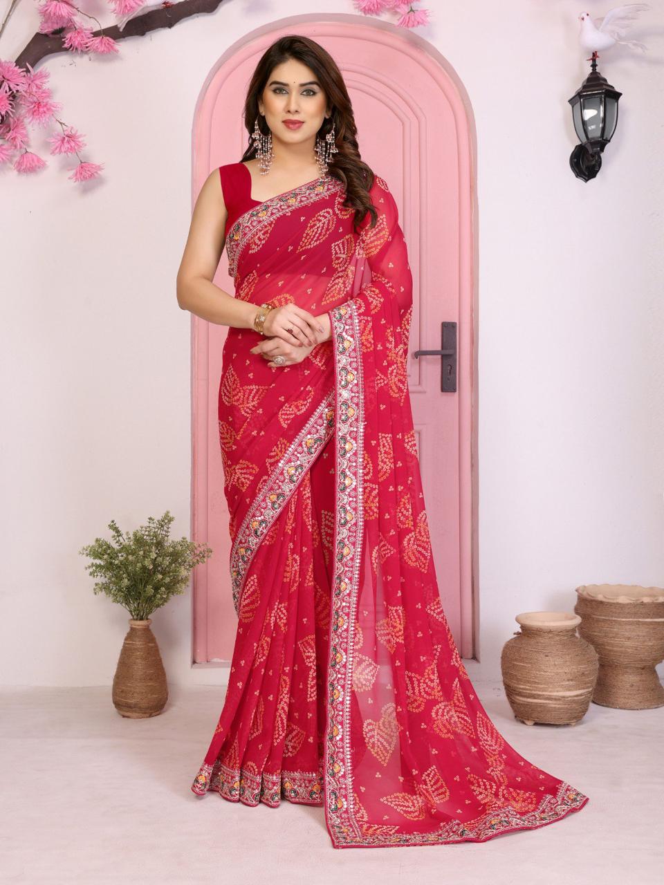 Bandhej Print Georgette Saree with Embroidery Border