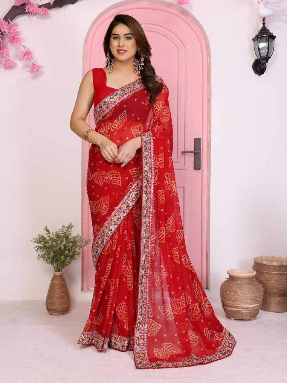 Bandhej Print Georgette Saree with Embroidery Border