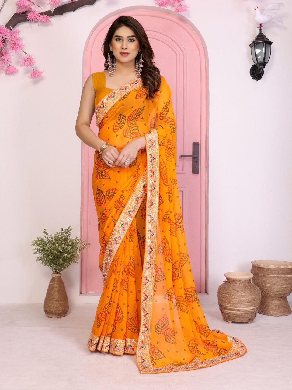 Bandhej Print Georgette Saree with Embroidery Border