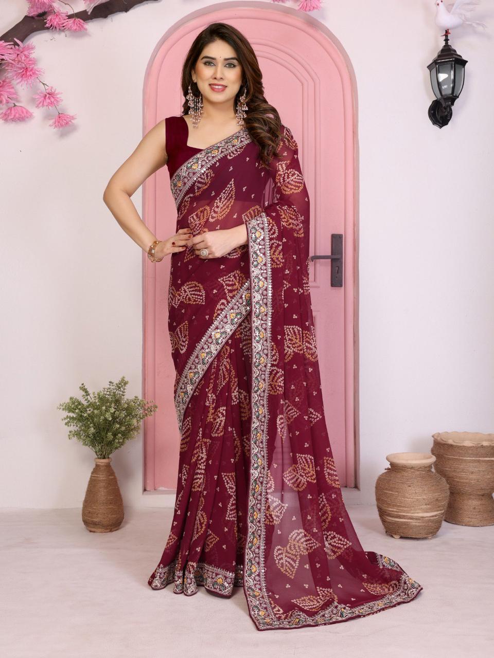 Bandhej Print Georgette Saree with Embroidery Border