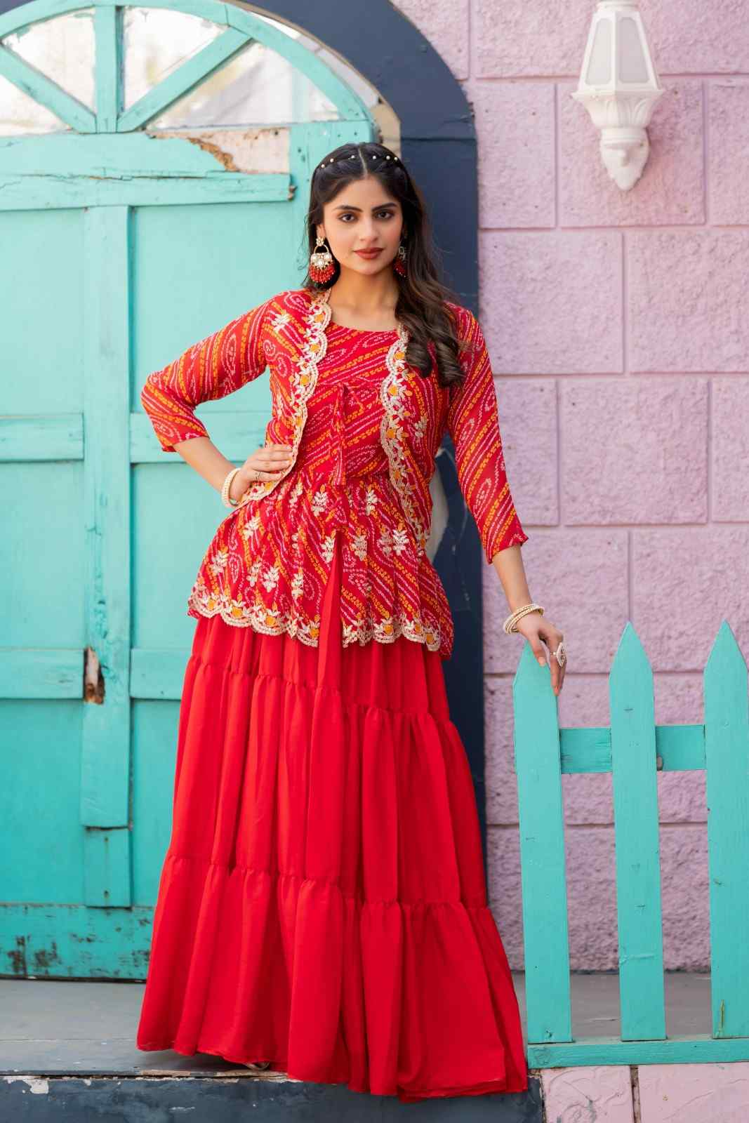 Bandhej Lehenga Crop Top with Embroidered Jacket