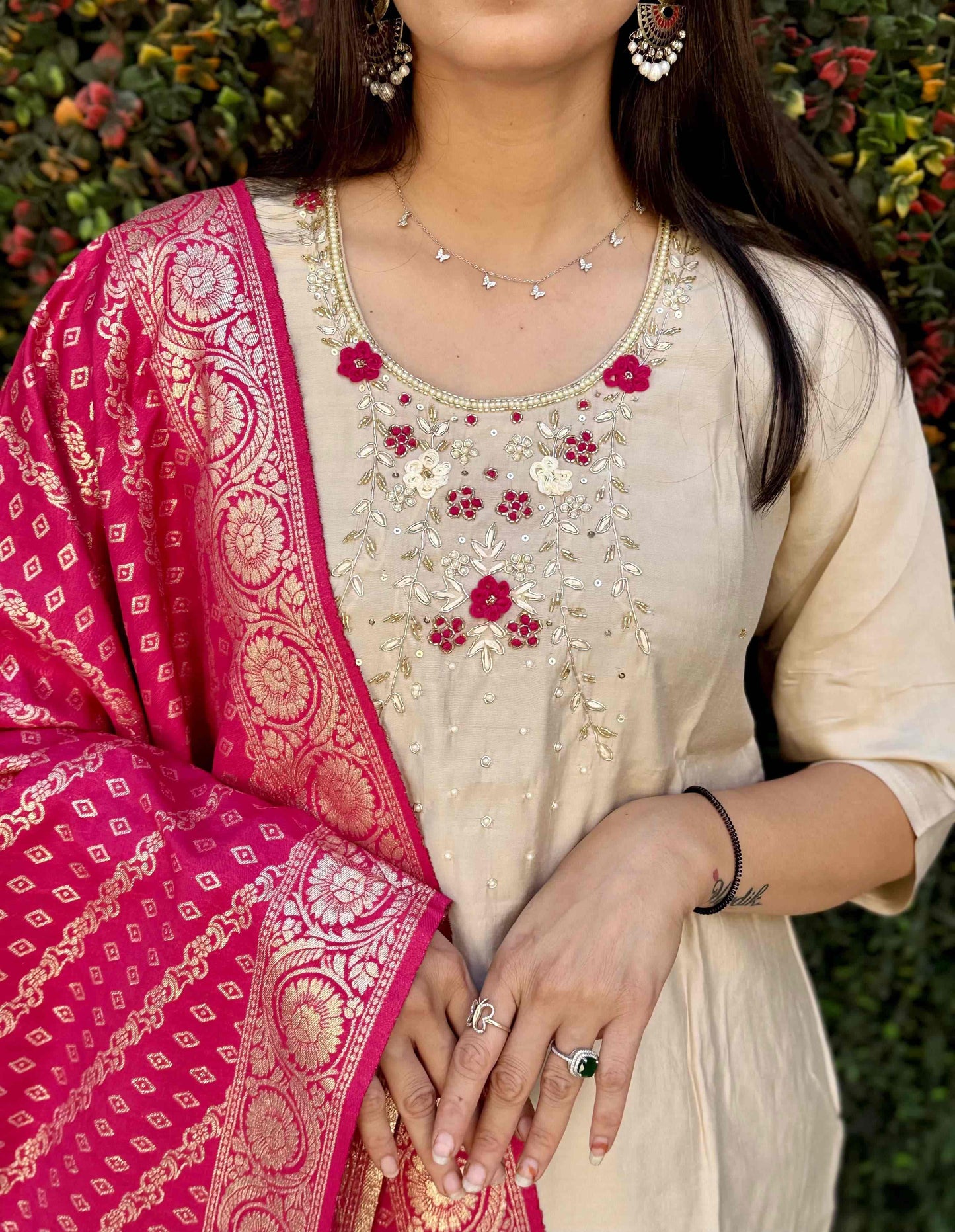 Beige Kurta Set with Pink Banarasi Dupatta for Women, Girls