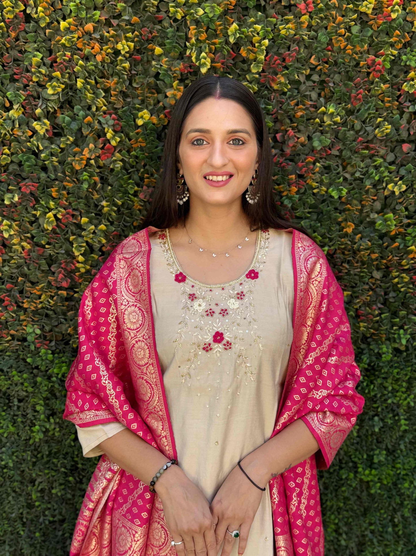 Beige Kurta Set with Pink Banarasi Dupatta for Women, Girls