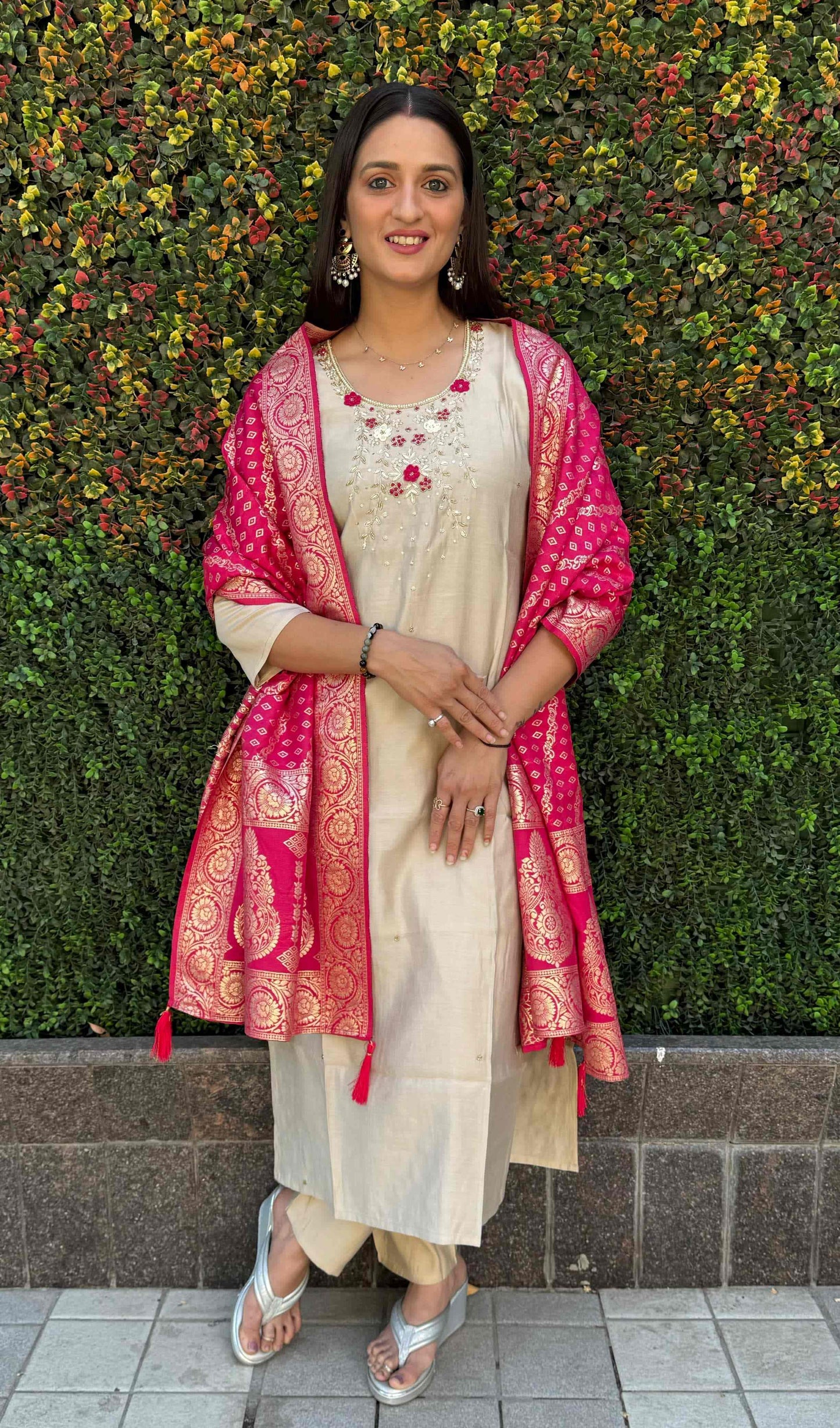 Beige Kurta Set with Pink Banarasi Dupatta for Women, Girls