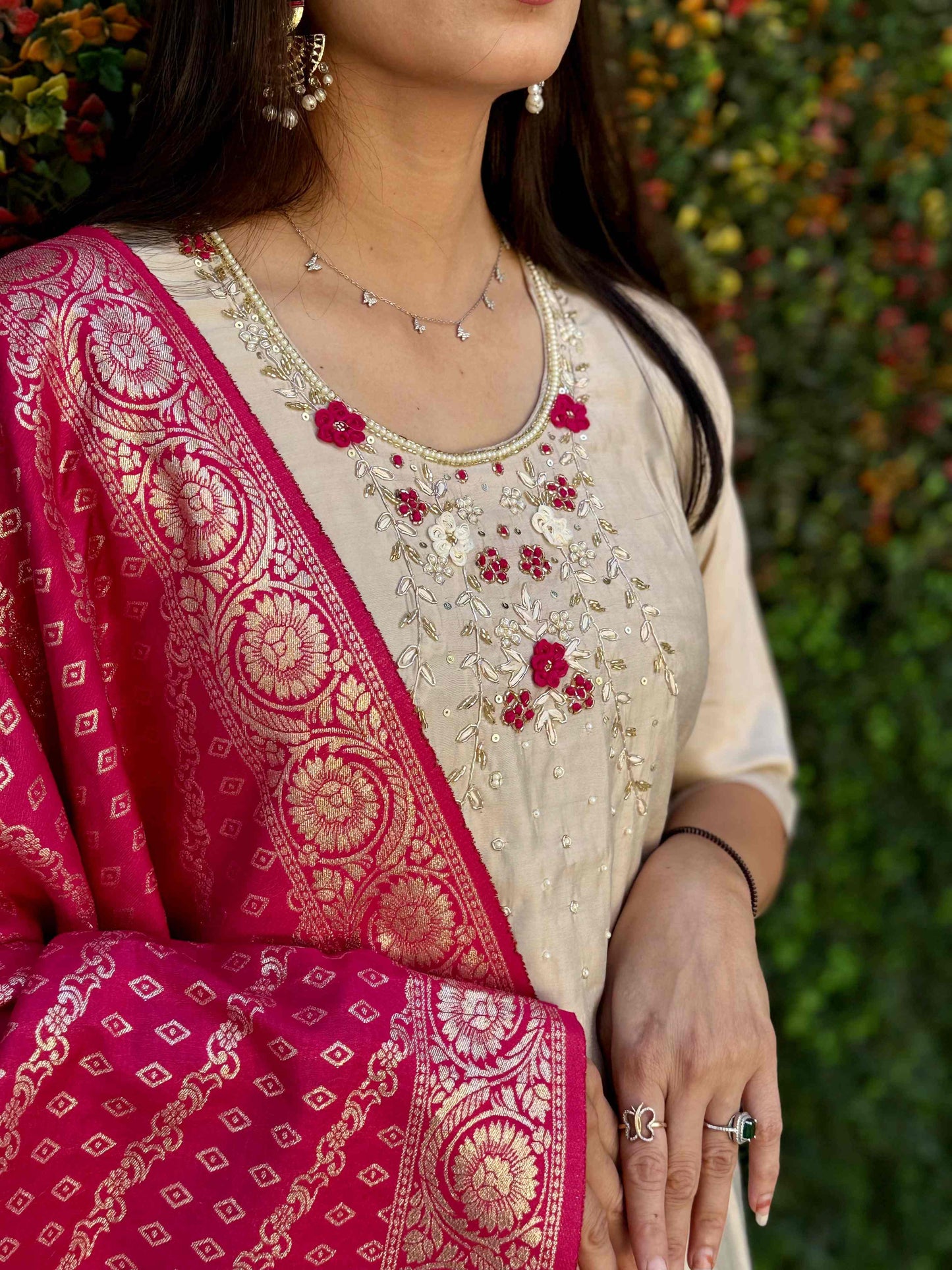 Beige Kurta Set with Pink Banarasi Dupatta for Women, Girls