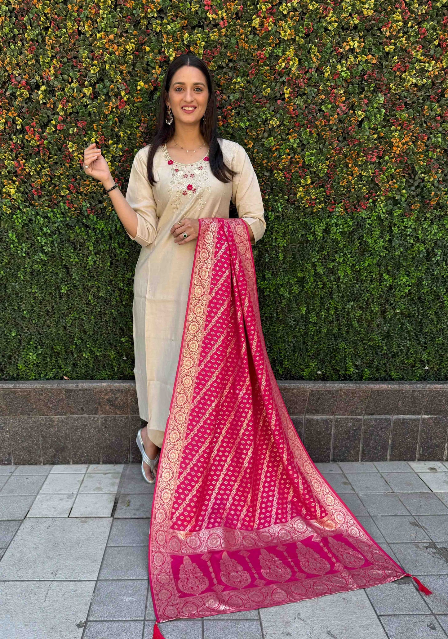 Beige Kurta Set with Pink Banarasi Dupatta for Women, Girls