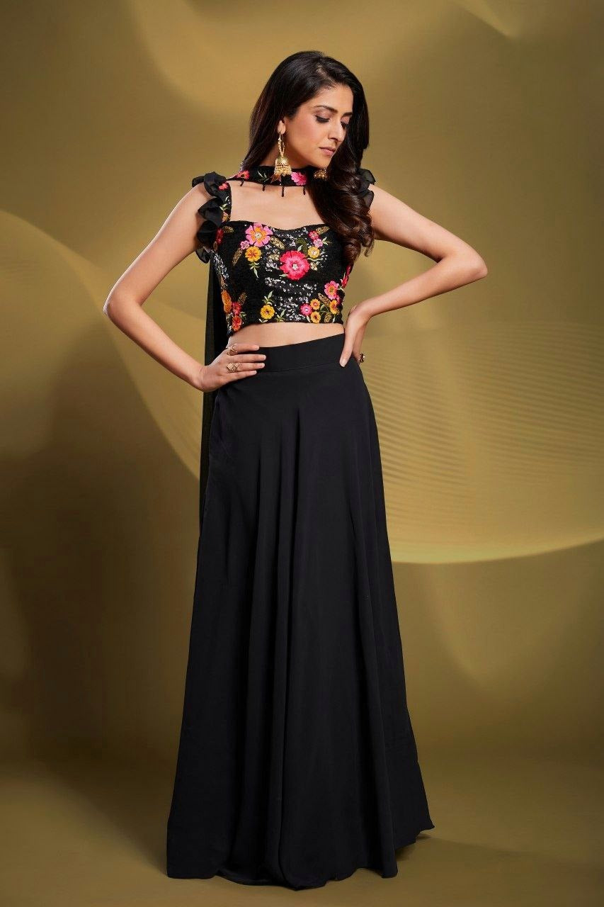 Black Crop Top Lehenga with Floral Embroidery for Events