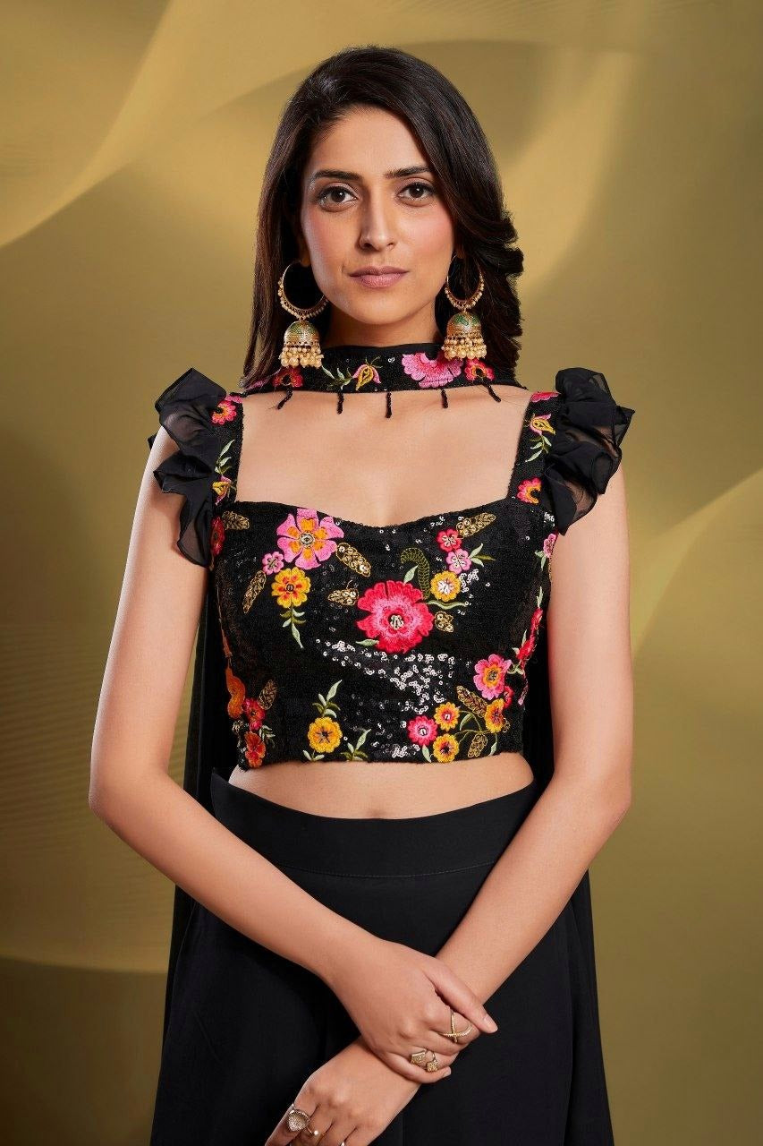 Black Crop Top Lehenga with Floral Embroidery for Events