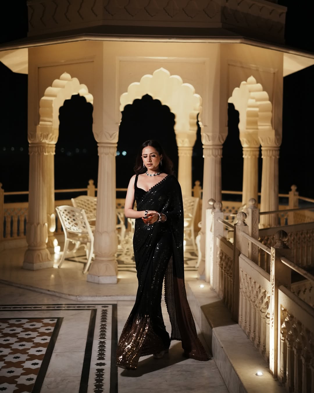 Black Georgette Sequin Saree with Silk Blouse & Lace Border