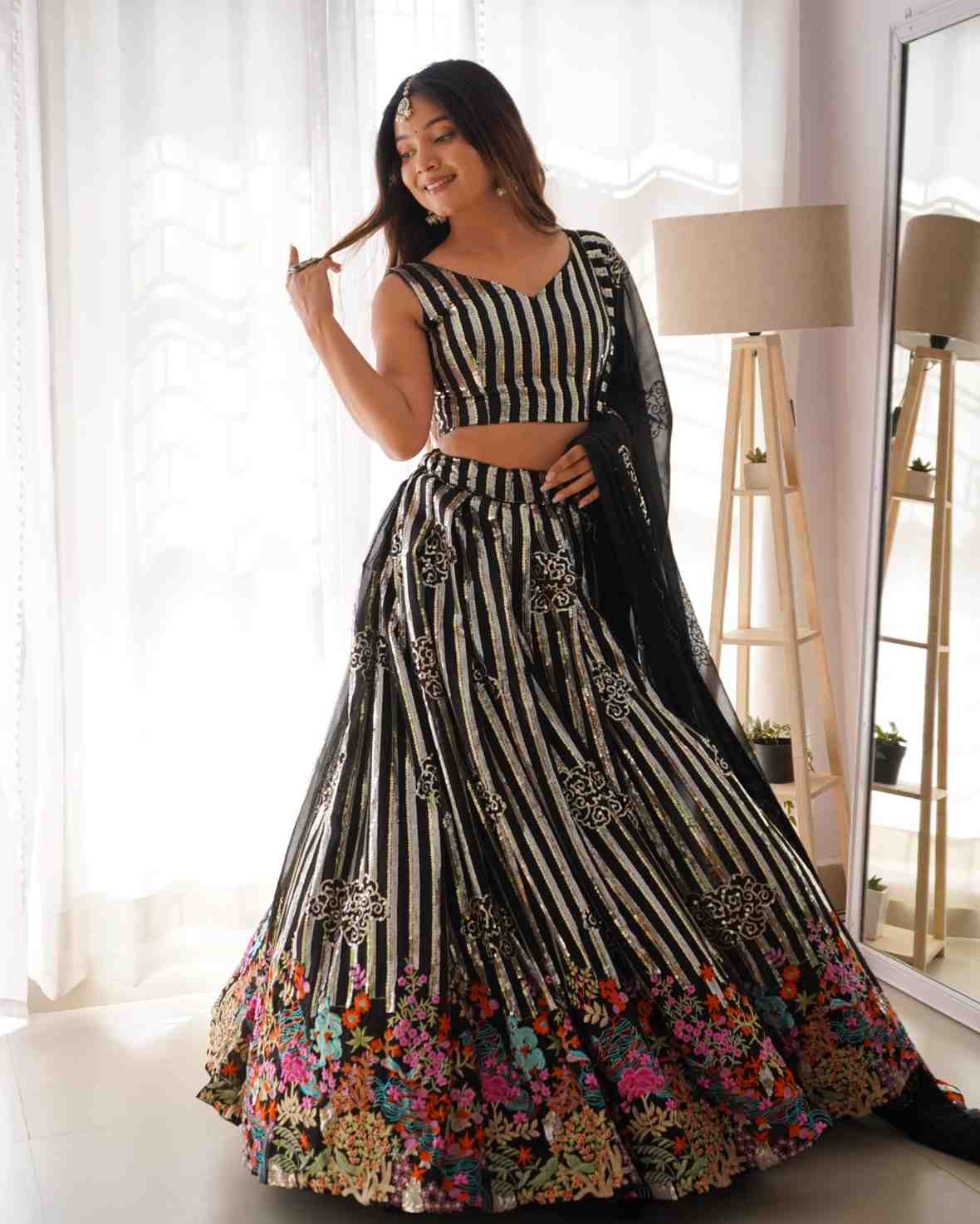 Black Sequin Embroidered Lehenga with Floral Border Work