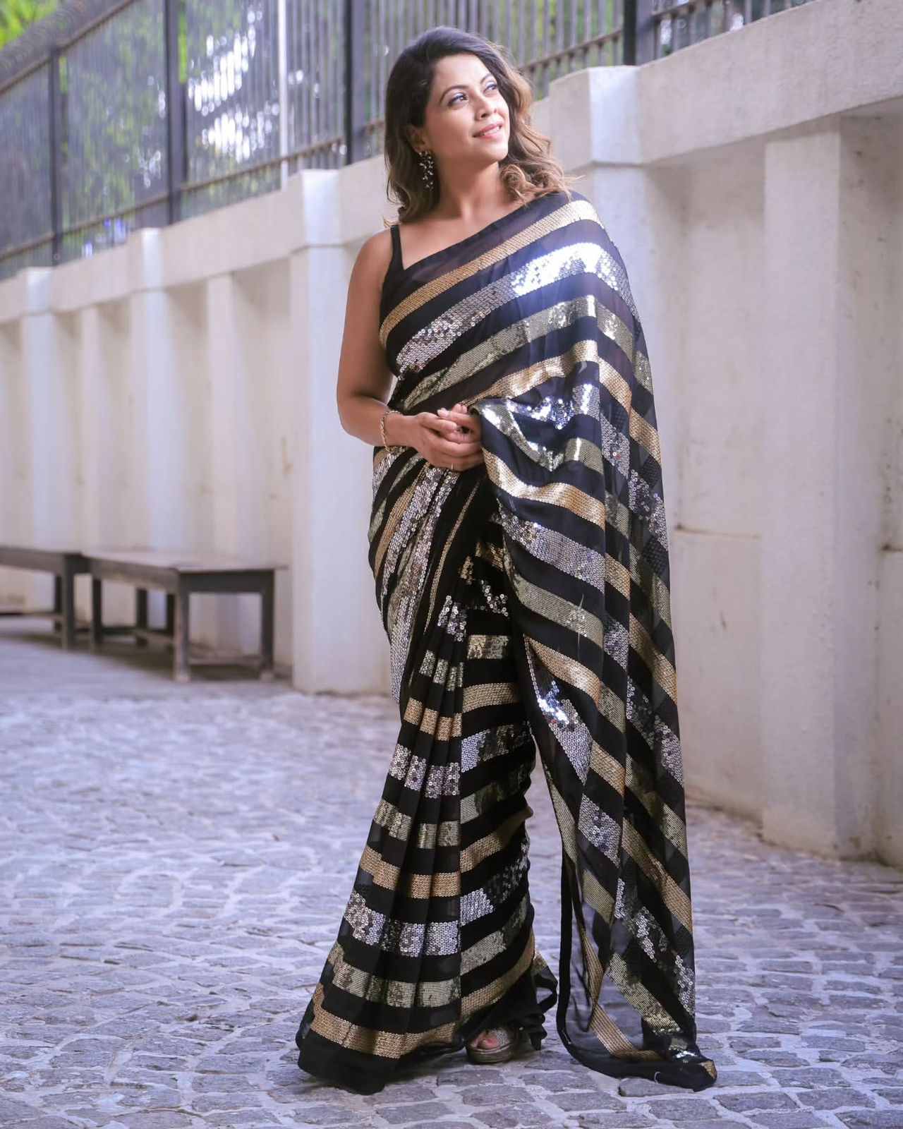 Black Sequin Party Wear Saree with Gold & Silver Stripes
