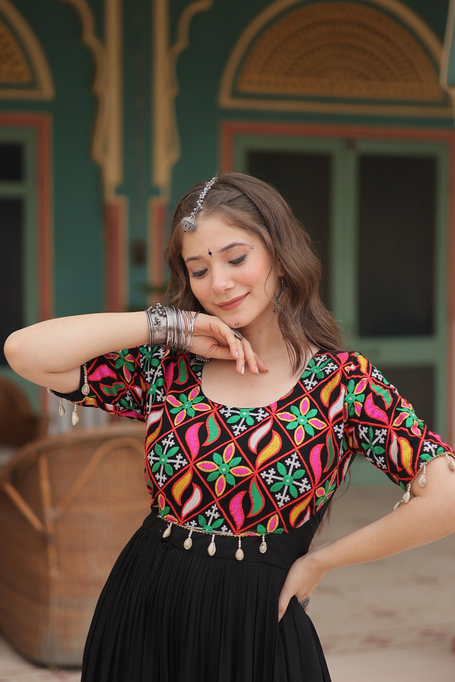 Black Mirror Work Anarkali Dress for Festive Night