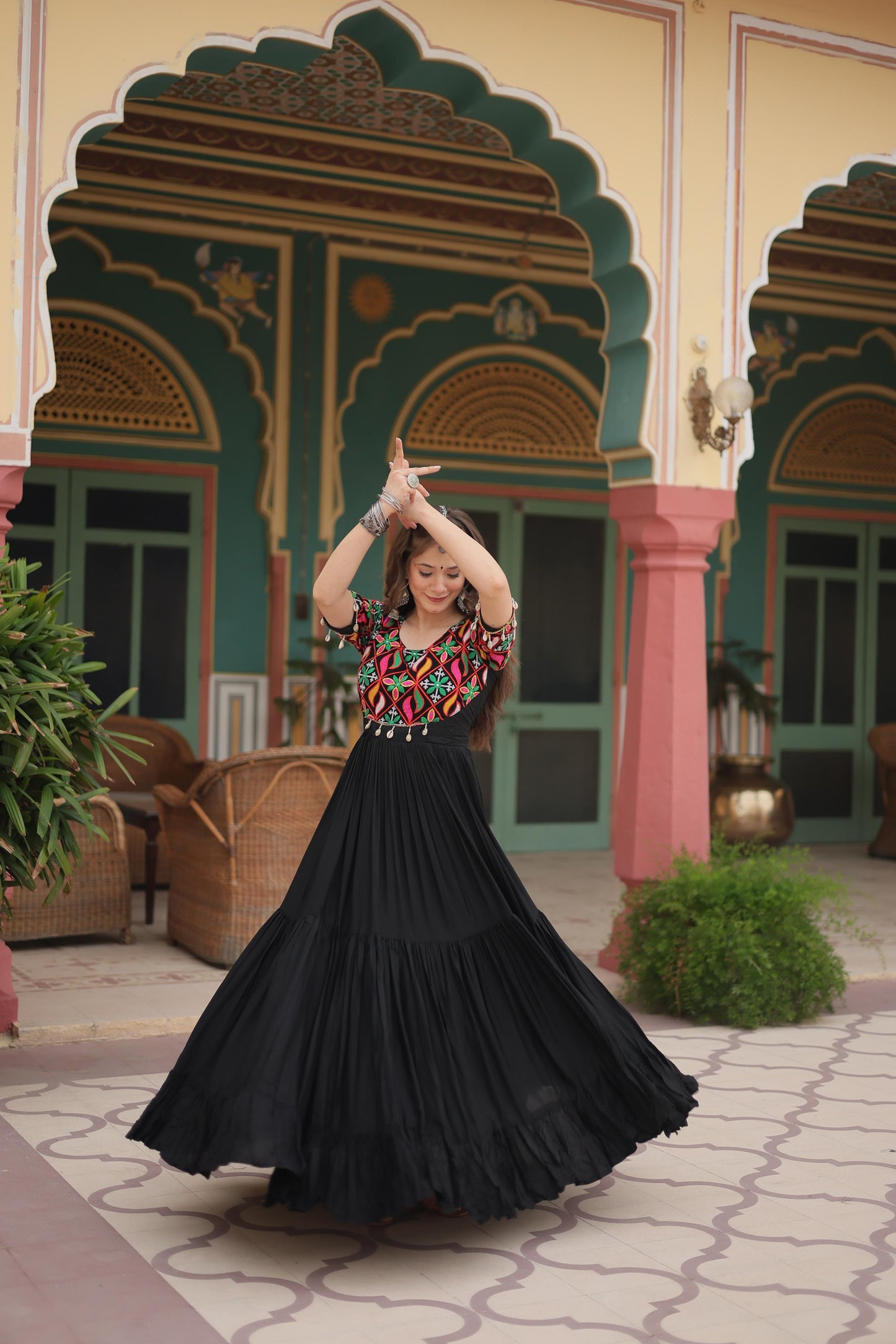 Black Mirror Work Anarkali Dress for Festive Night