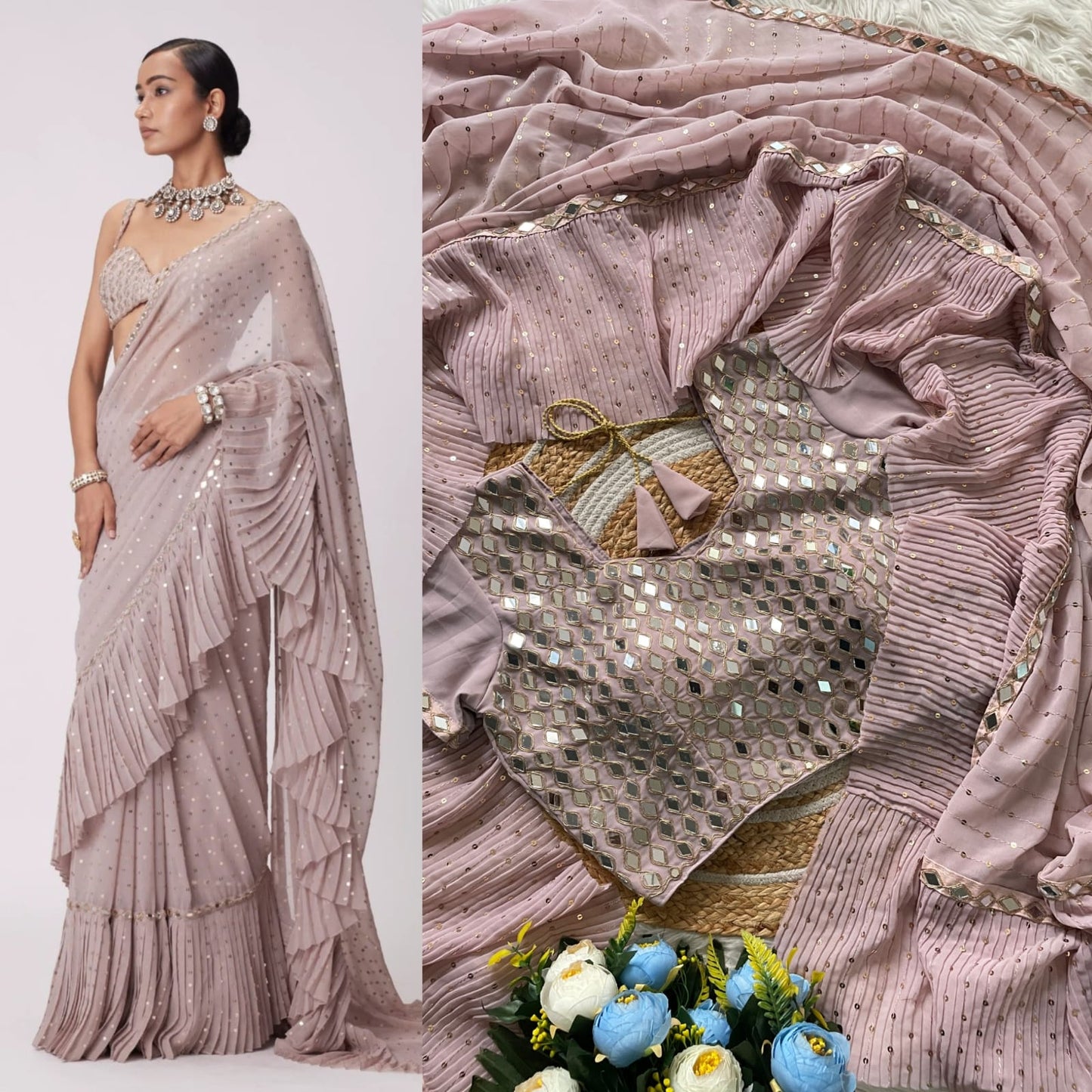 Bollywood Style Pleated Georgette Saree with Mirror Work