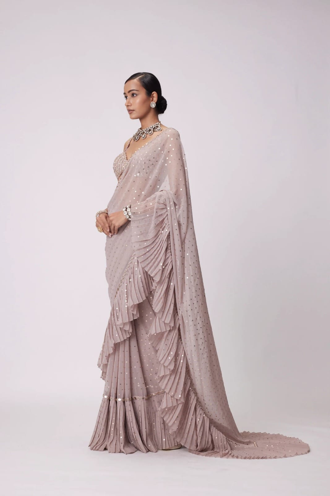 Bollywood Style Pleated Georgette Saree with Mirror Work