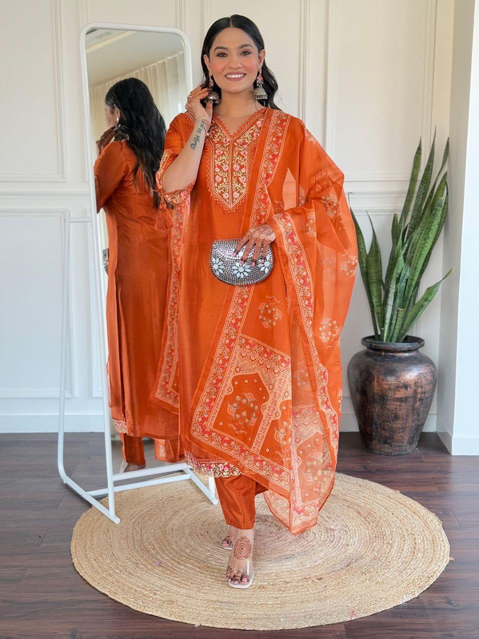 Chanderi Silk Kurta Pant with Dupatta for Events