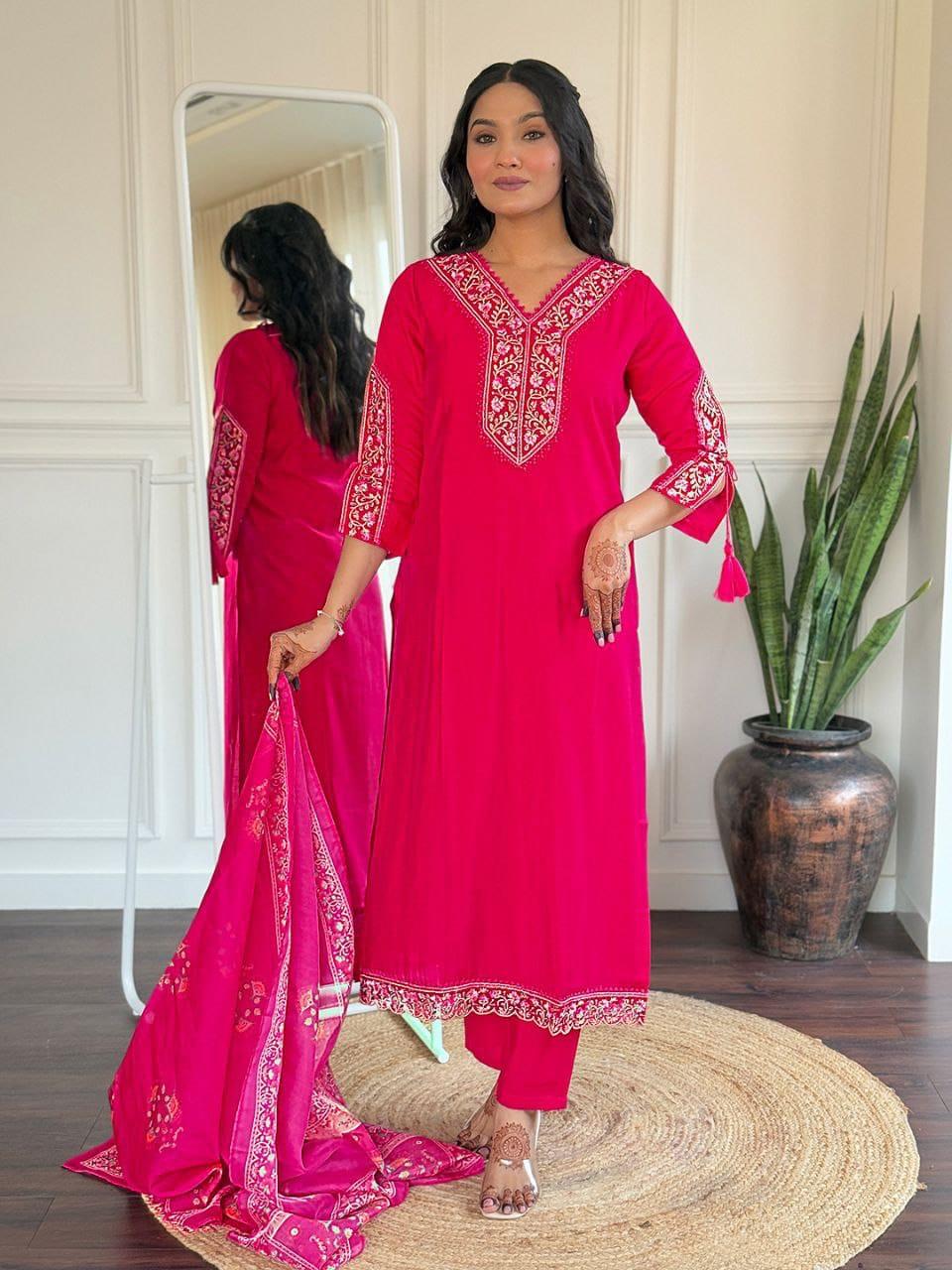 Chanderi Silk Kurta Pant with Dupatta for Events