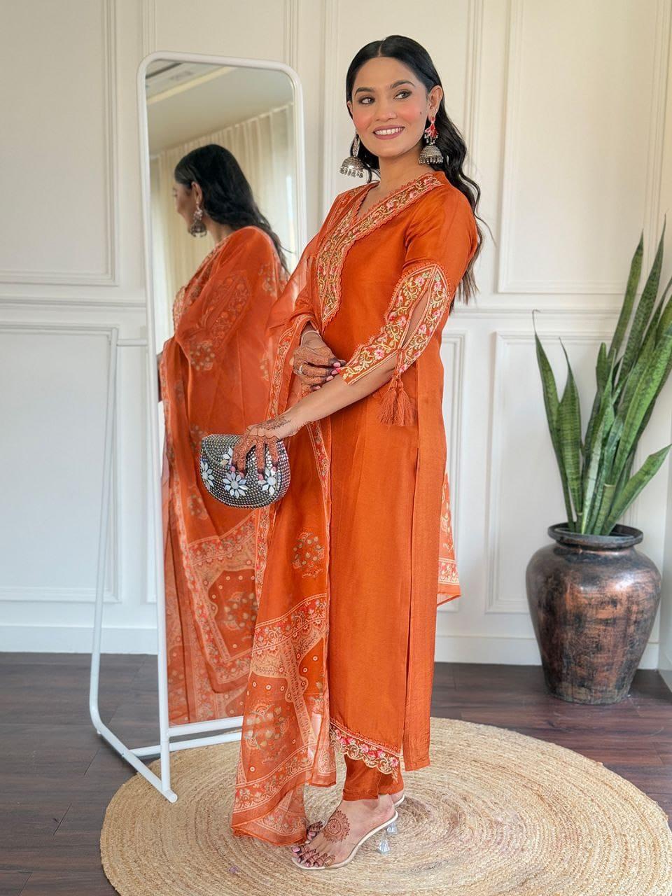 Chanderi Silk Kurta Pant with Dupatta for Events
