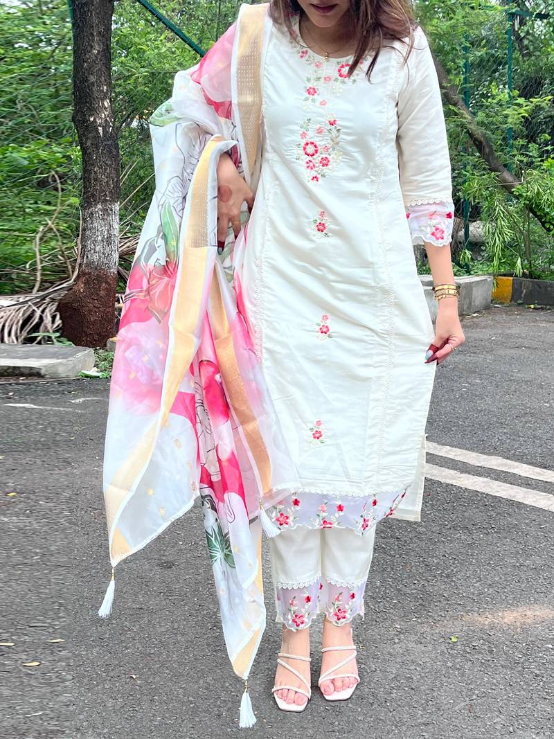 Chanderi Silk Kurti Set with Embroidery for Occasions