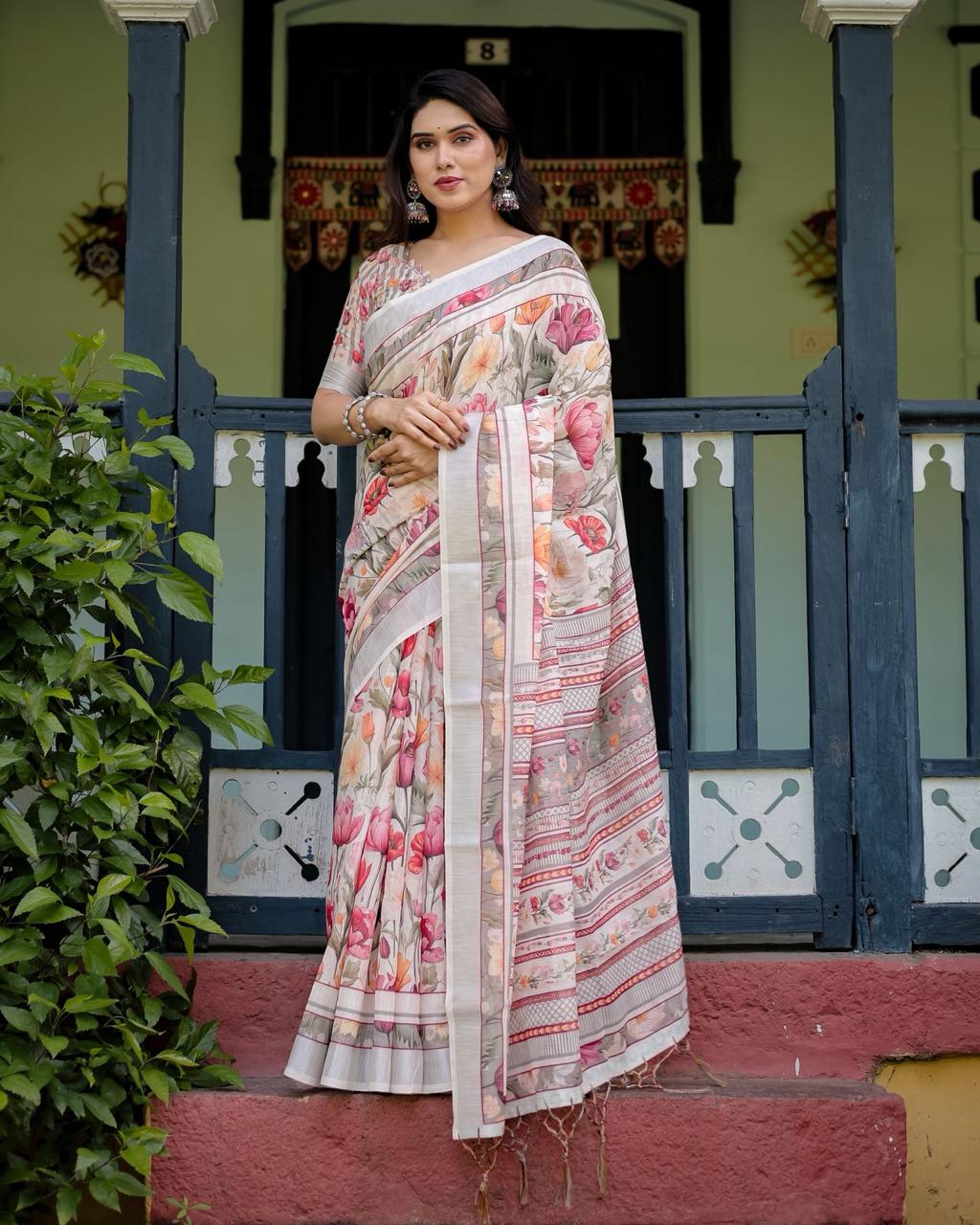 Creamy Ivory Floral Linen Saree for Women