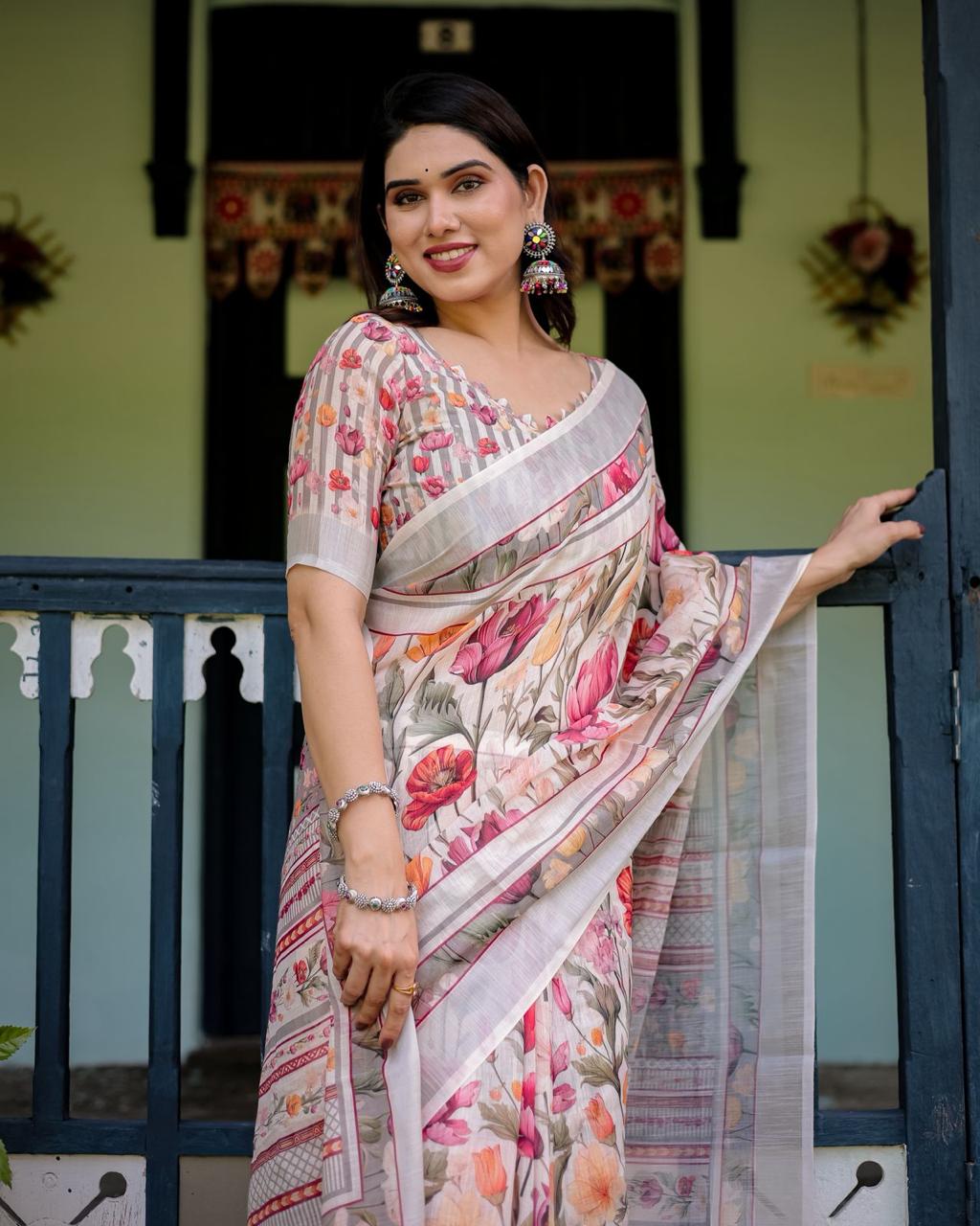 Creamy Ivory Floral Linen Saree for Women
