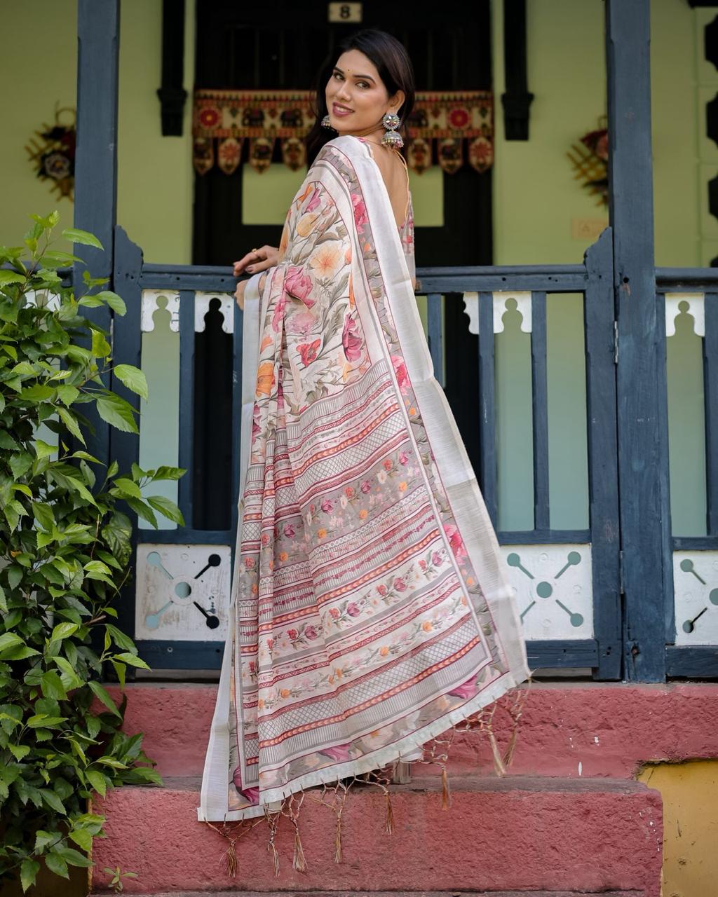 Creamy Ivory Floral Linen Saree for Women