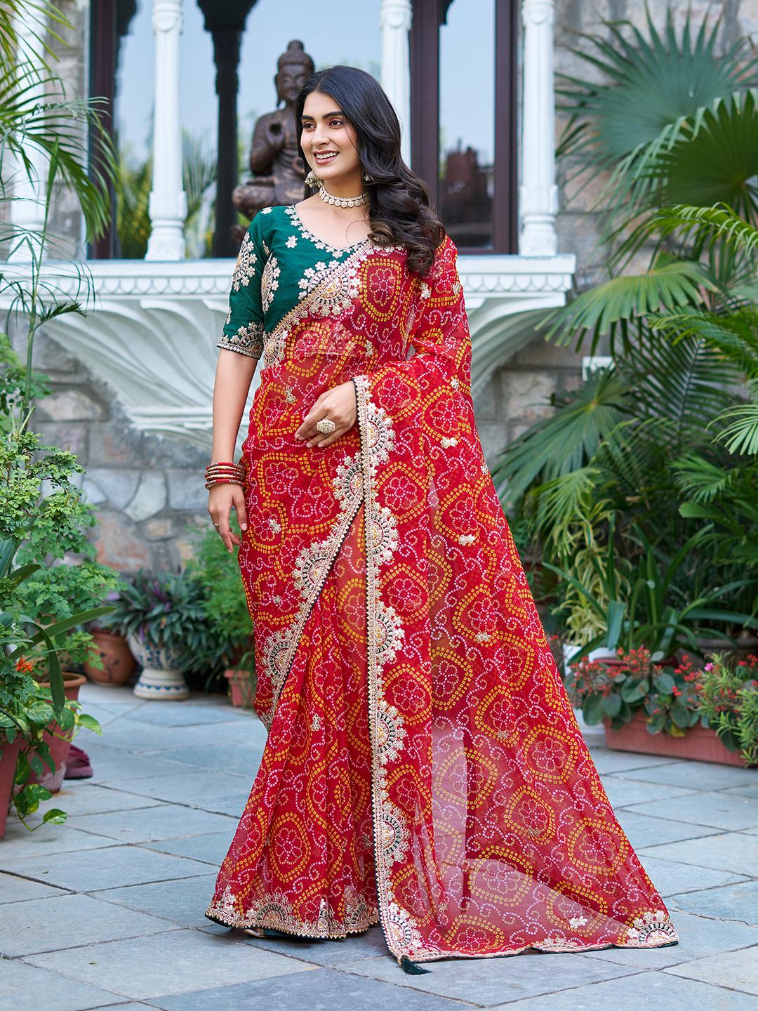Designer Bandhani Saree with Embroidered Blouse Set