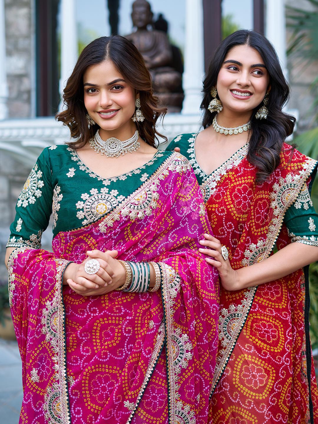 Designer Bandhani Saree with Embroidered Blouse Set