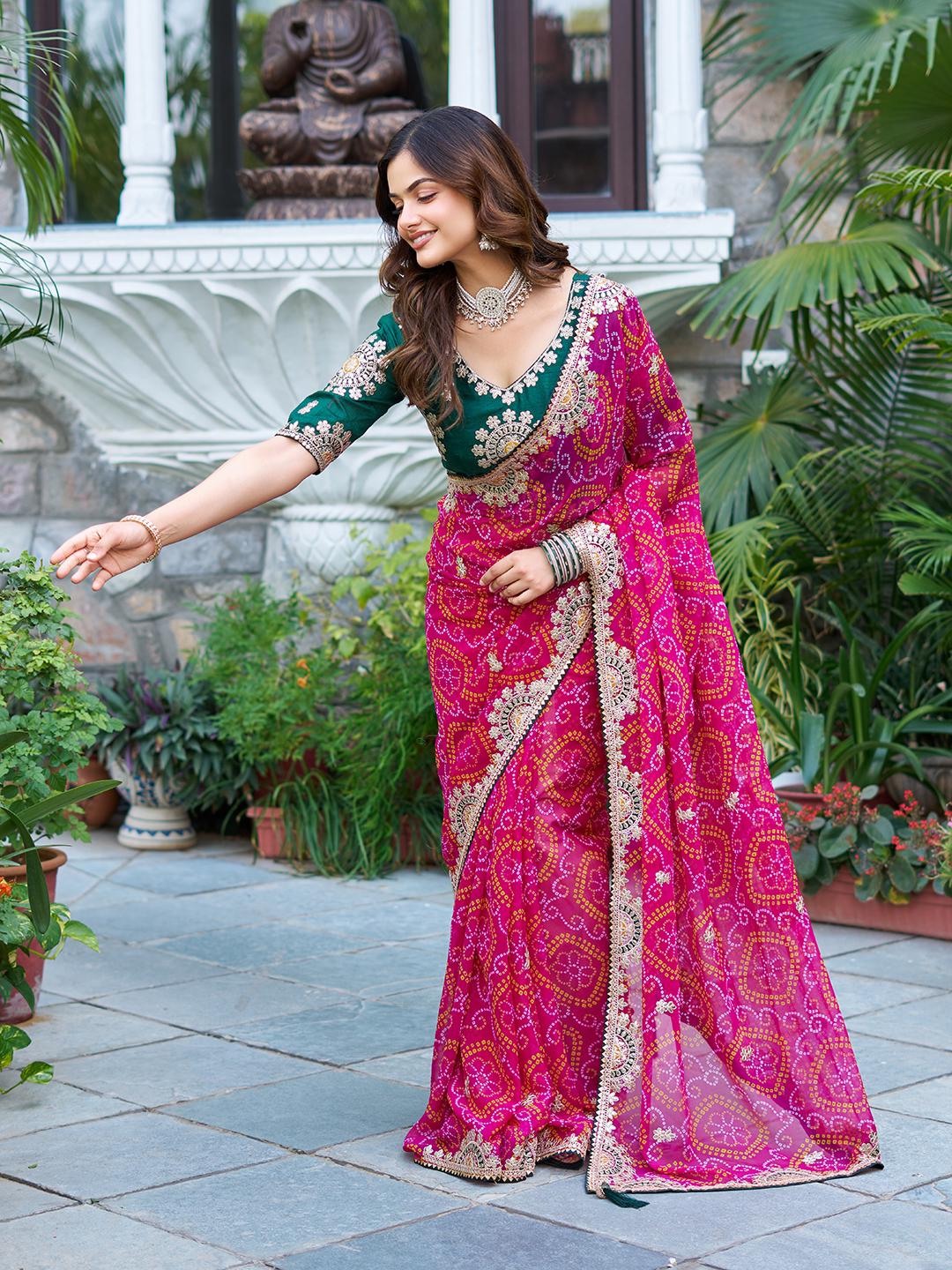 Designer Bandhani Saree with Embroidered Blouse Set