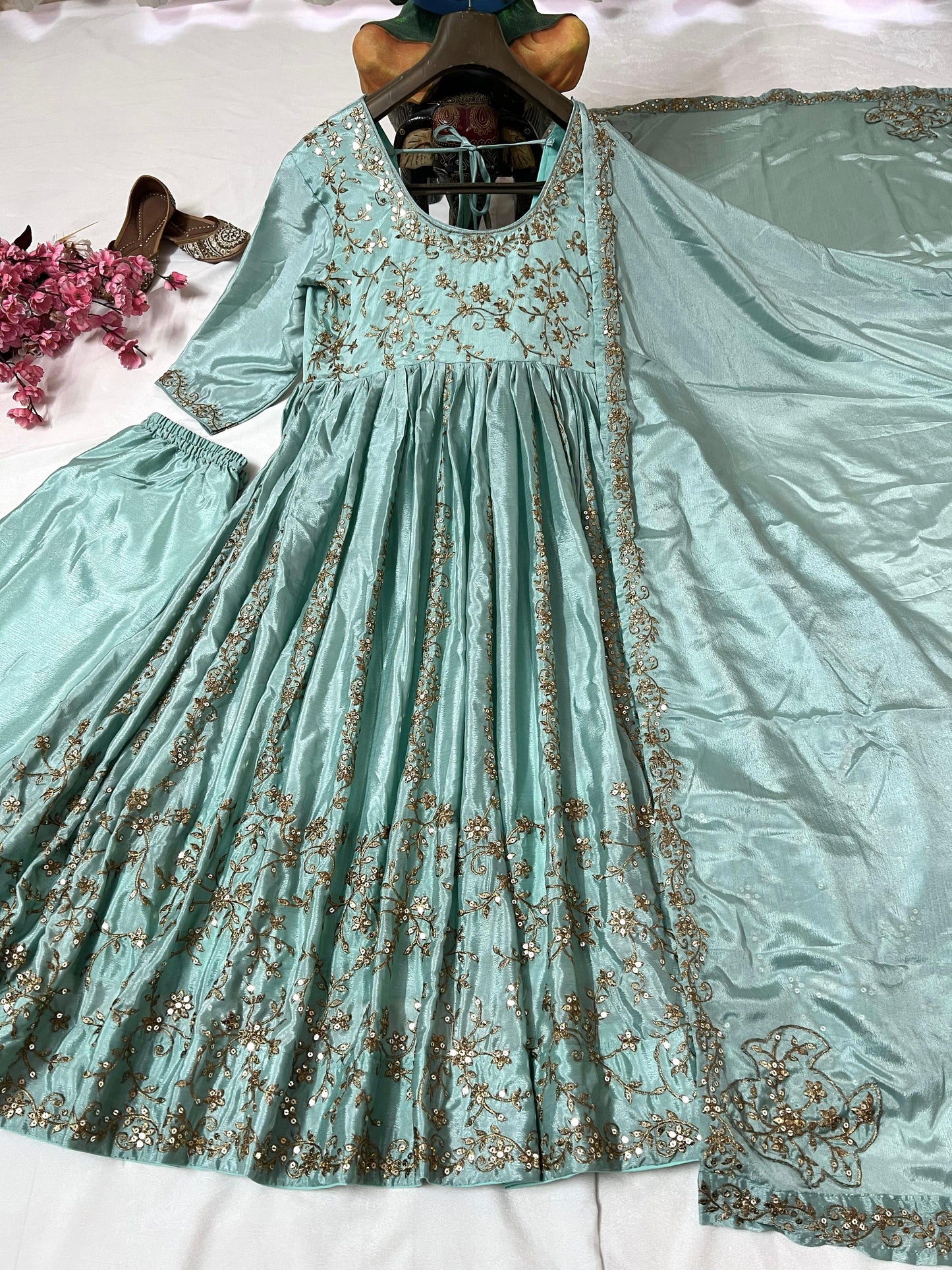 Designer Chinon Silk Anarkali Set with Embroidered Dupatta