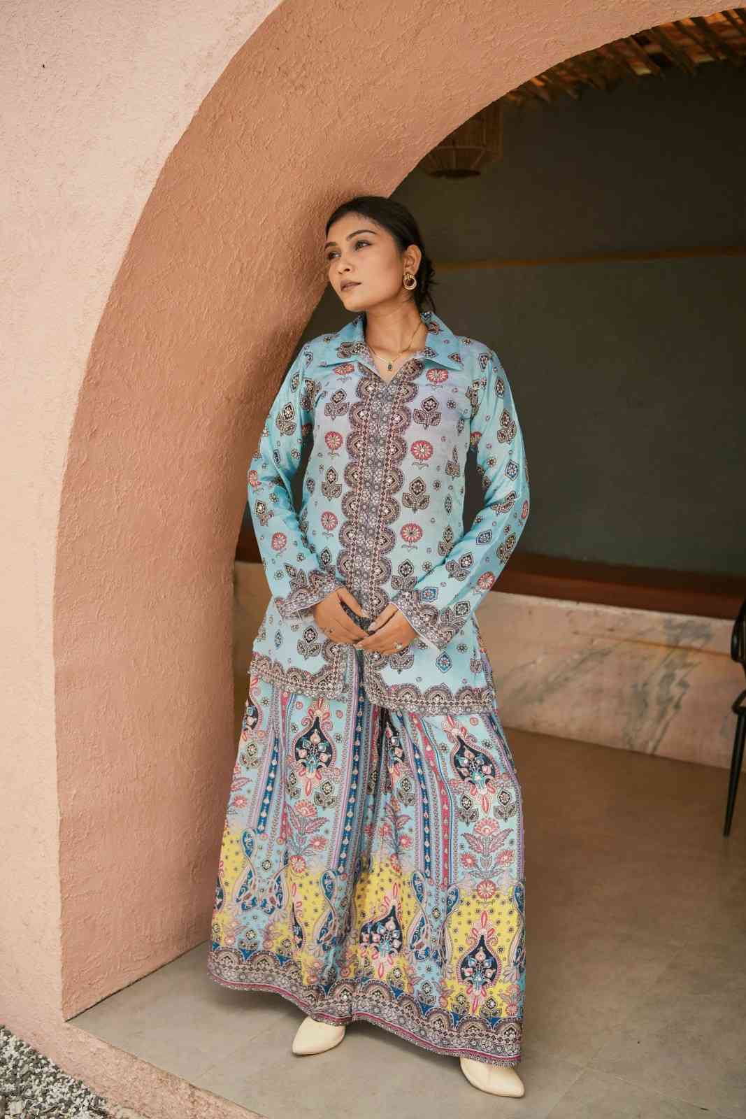Designer Chinon Silk Plazzo Set with Hand Mirror Work
