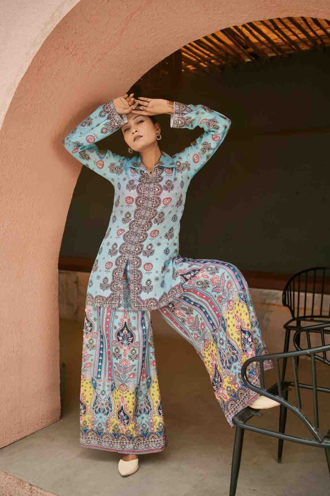 Designer Chinon Silk Plazzo Set with Hand Mirror Work