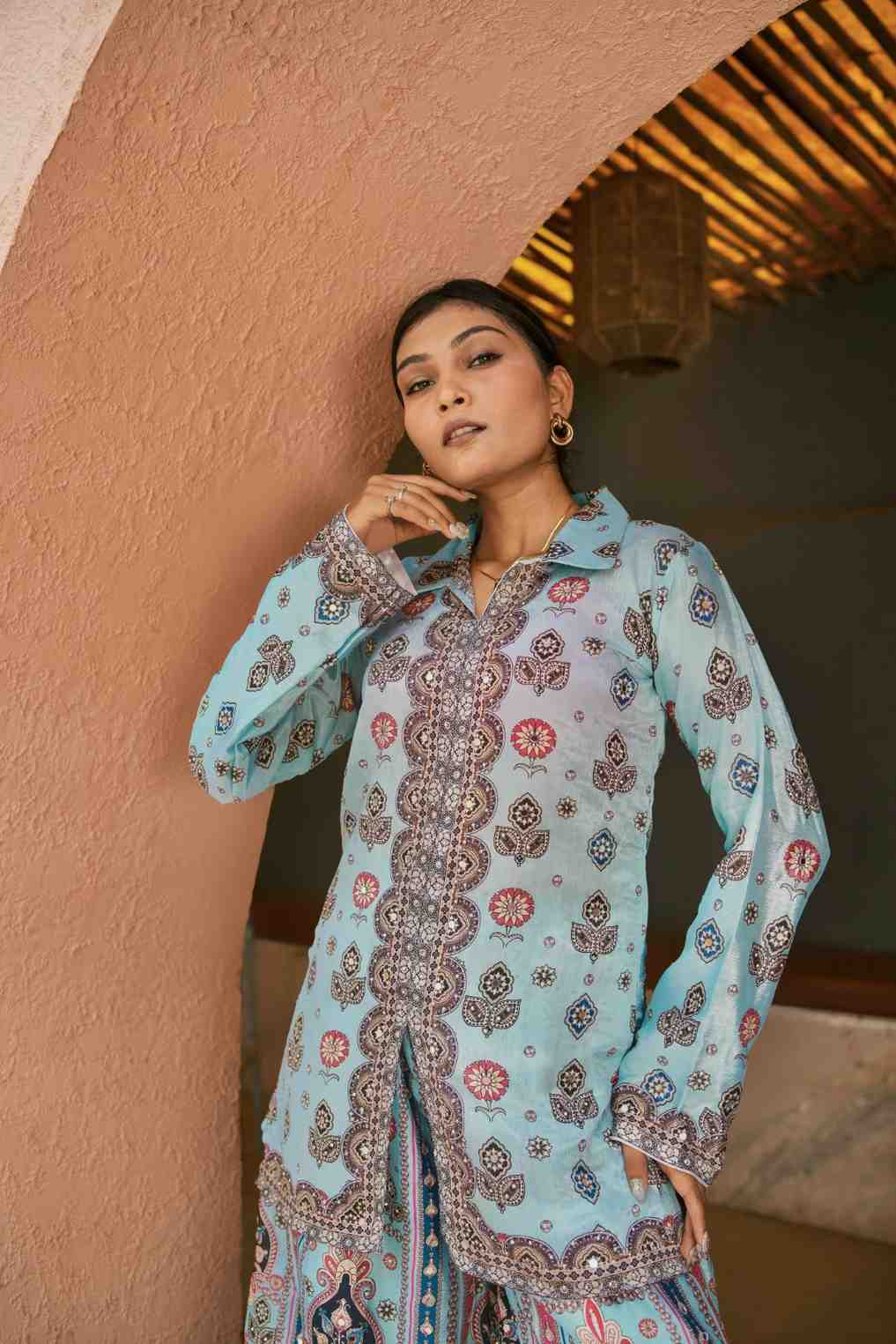 Designer Chinon Silk Plazzo Set with Hand Mirror Work