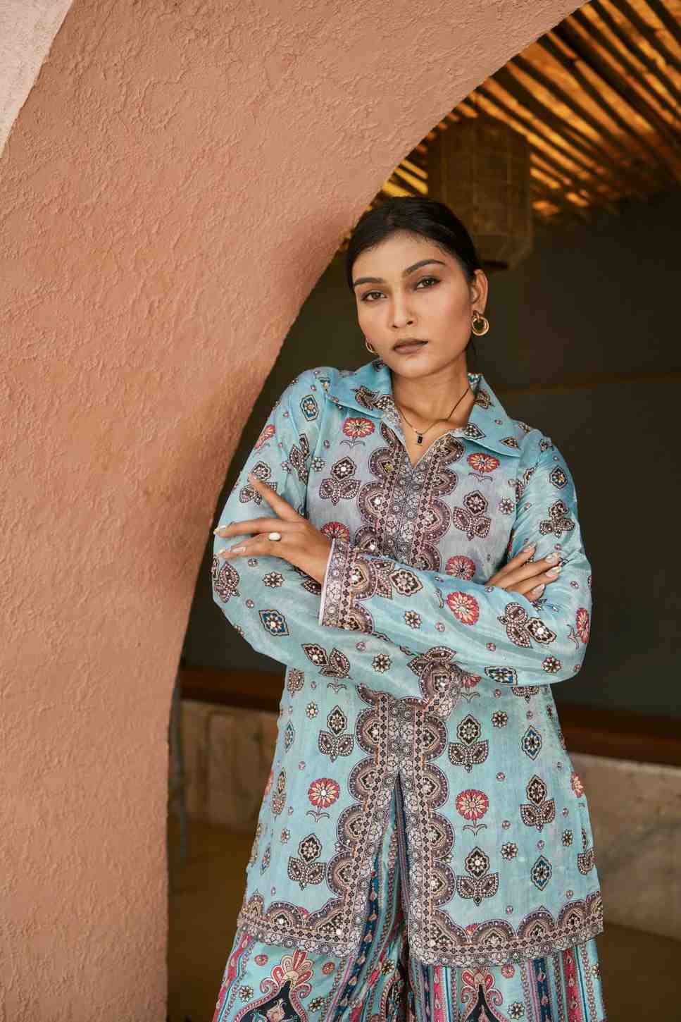 Designer Chinon Silk Plazzo Set with Hand Mirror Work