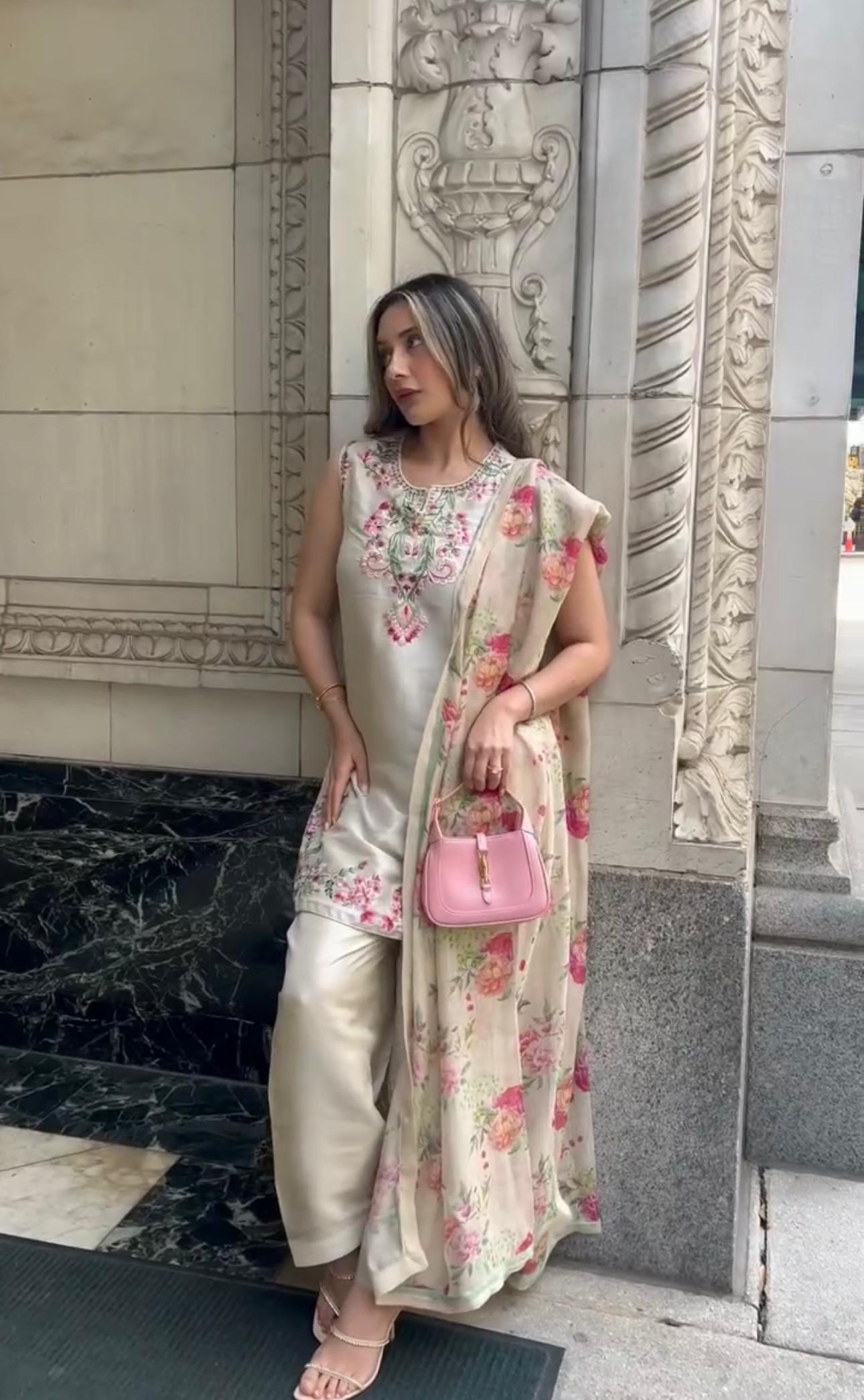 Designer Crepe Top with Palazzo and Printed Dupatta Set