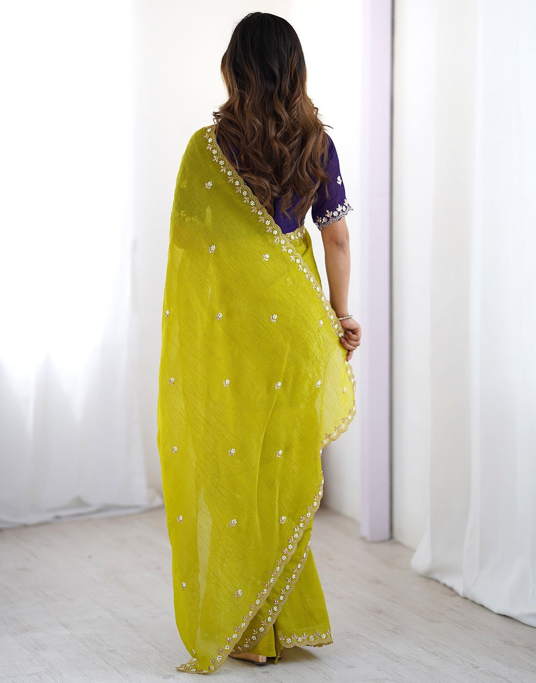 Designer Crunchy Cloth Saree with Embroidery & Stone Work