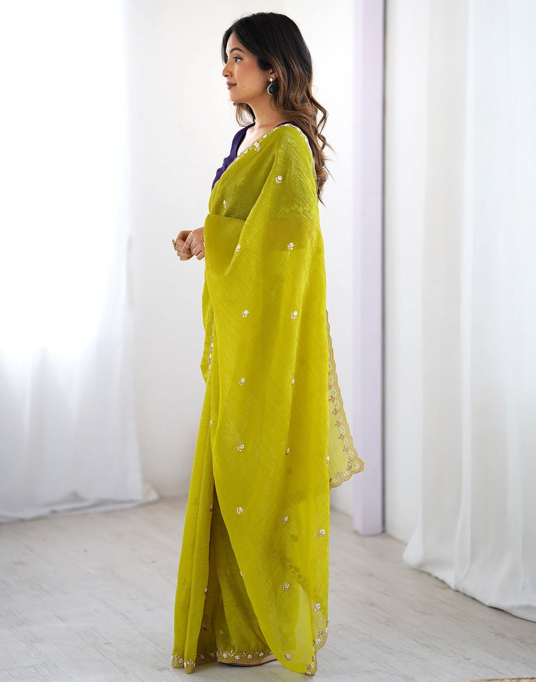 Designer Crunchy Cloth Saree with Embroidery & Stone Work