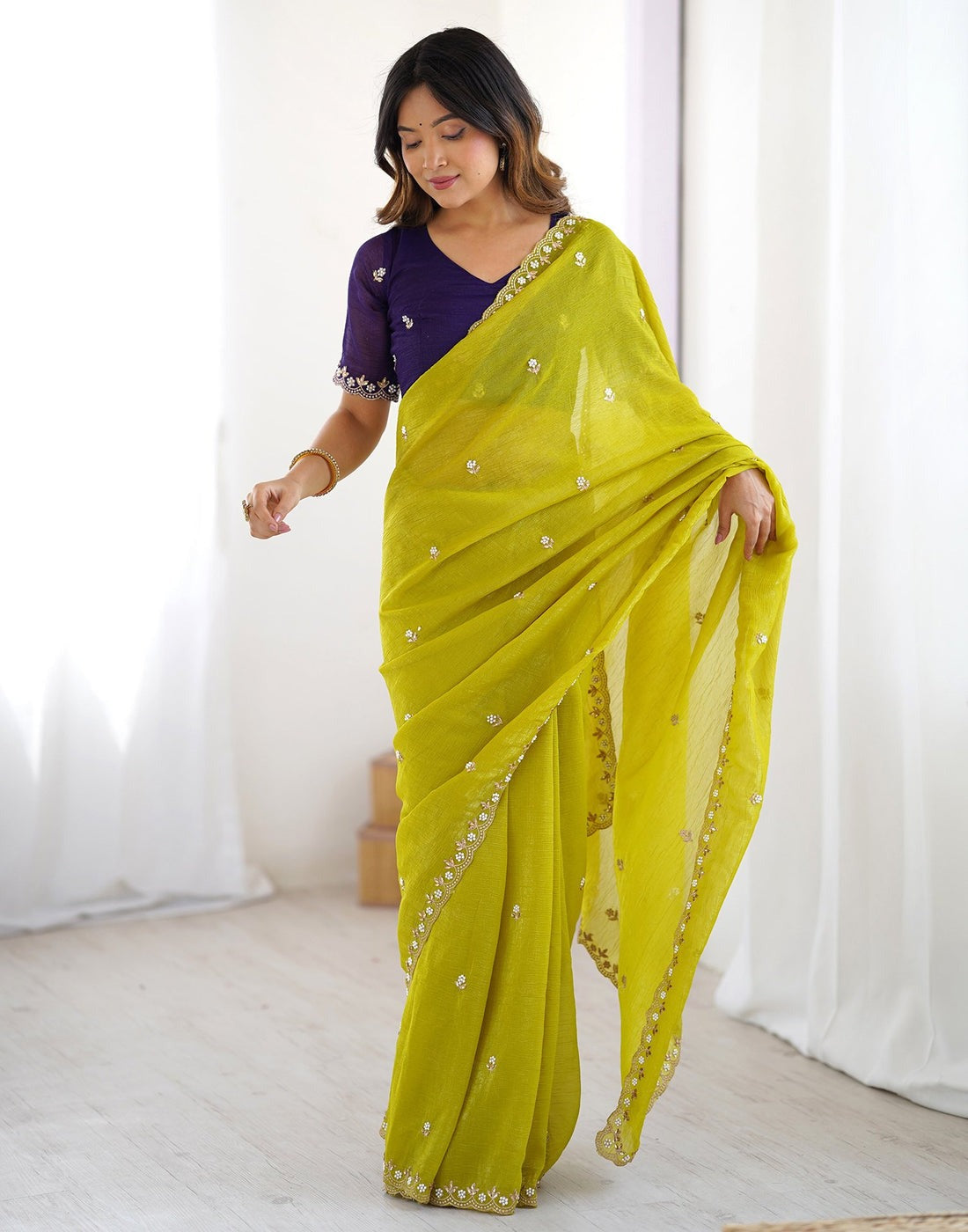 Designer Crunchy Cloth Saree with Embroidery & Stone Work