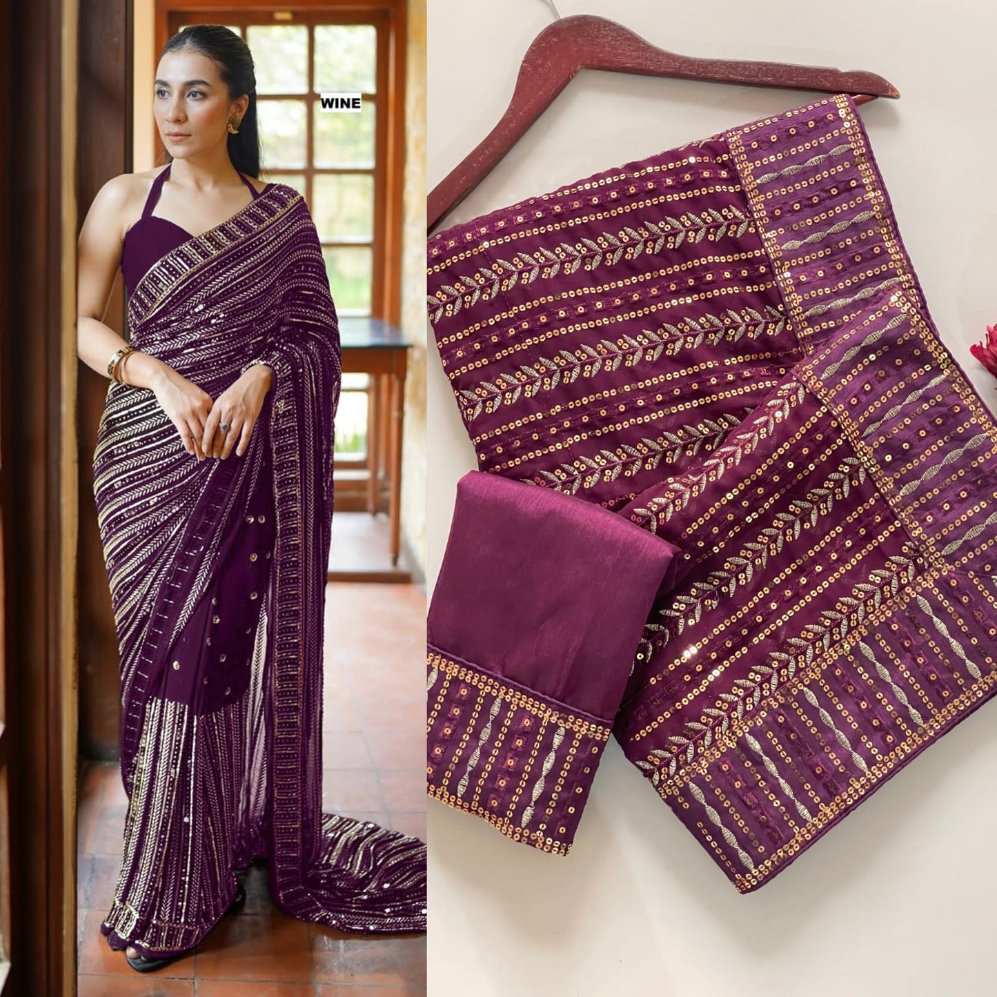 Designer Faux Georgette Saree with Sequins & Lace Work