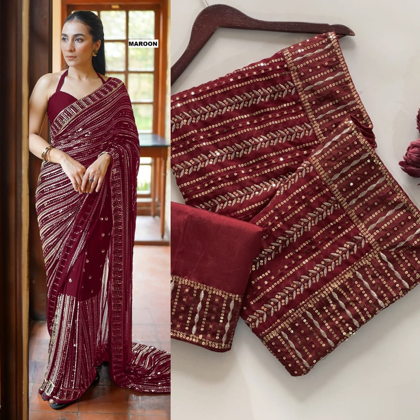 Designer Faux Georgette Saree with Sequins & Lace Work
