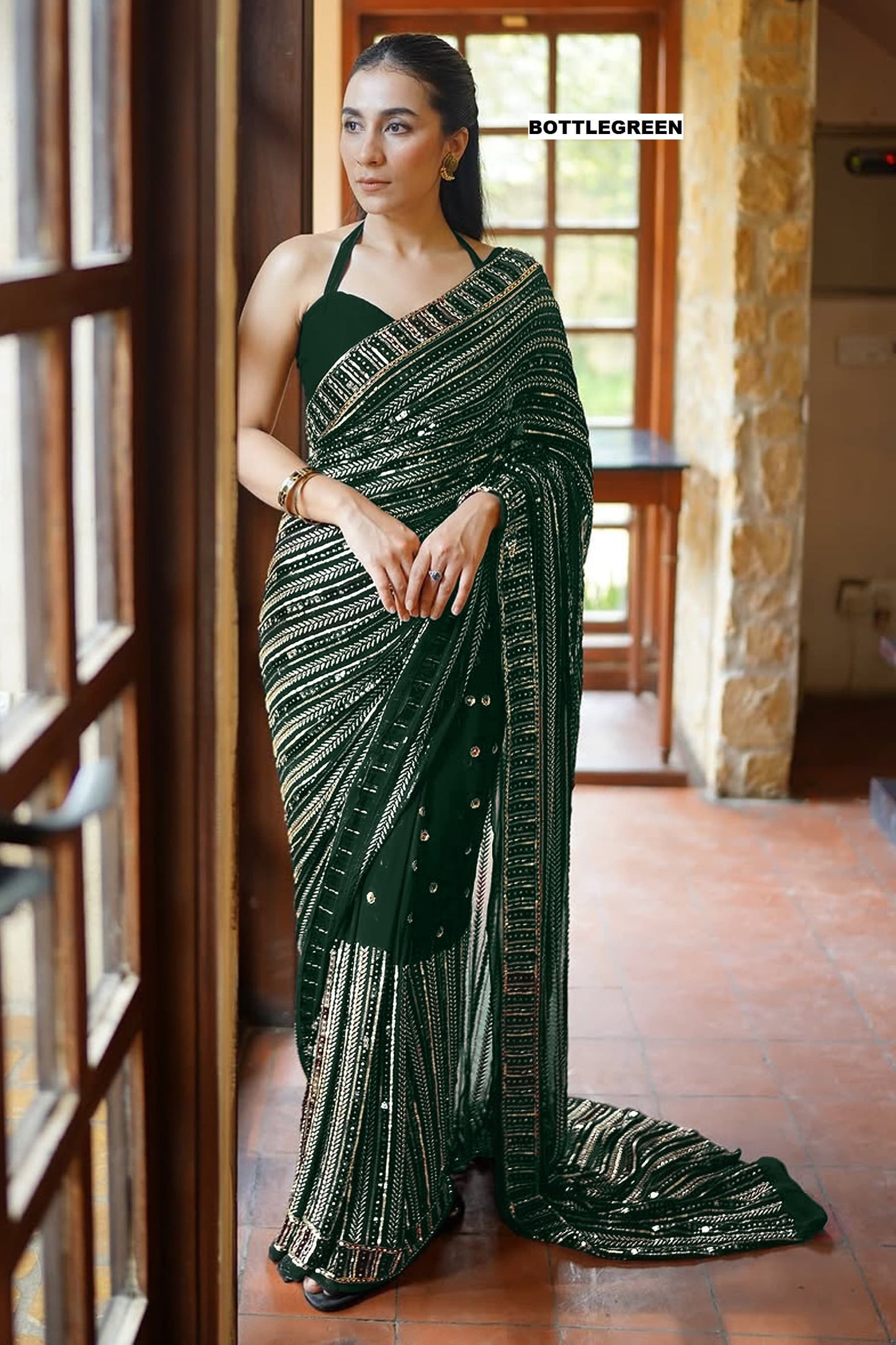 Designer Faux Georgette Saree with Sequins & Lace Work
