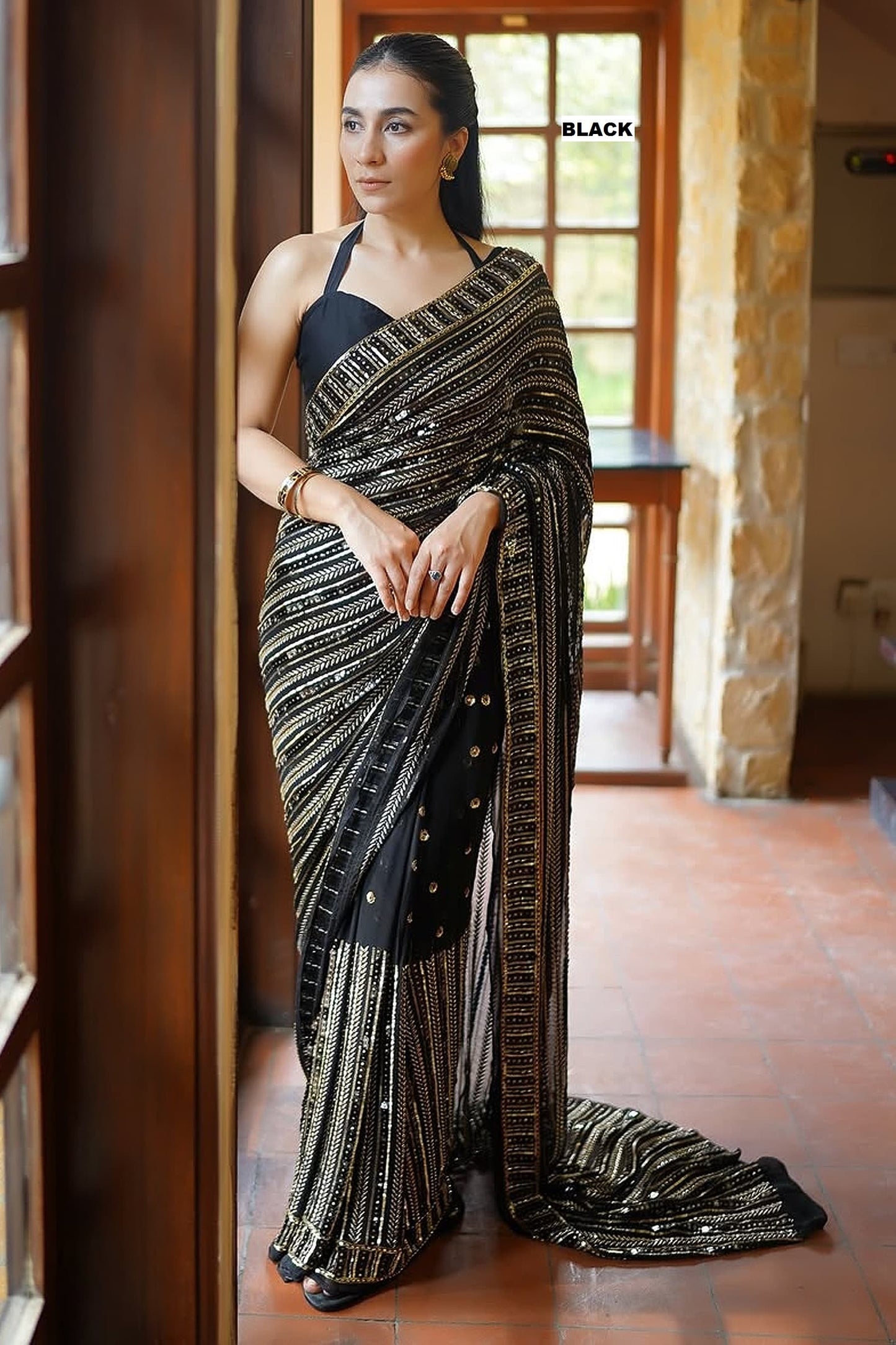 Designer Faux Georgette Saree with Sequins & Lace Work